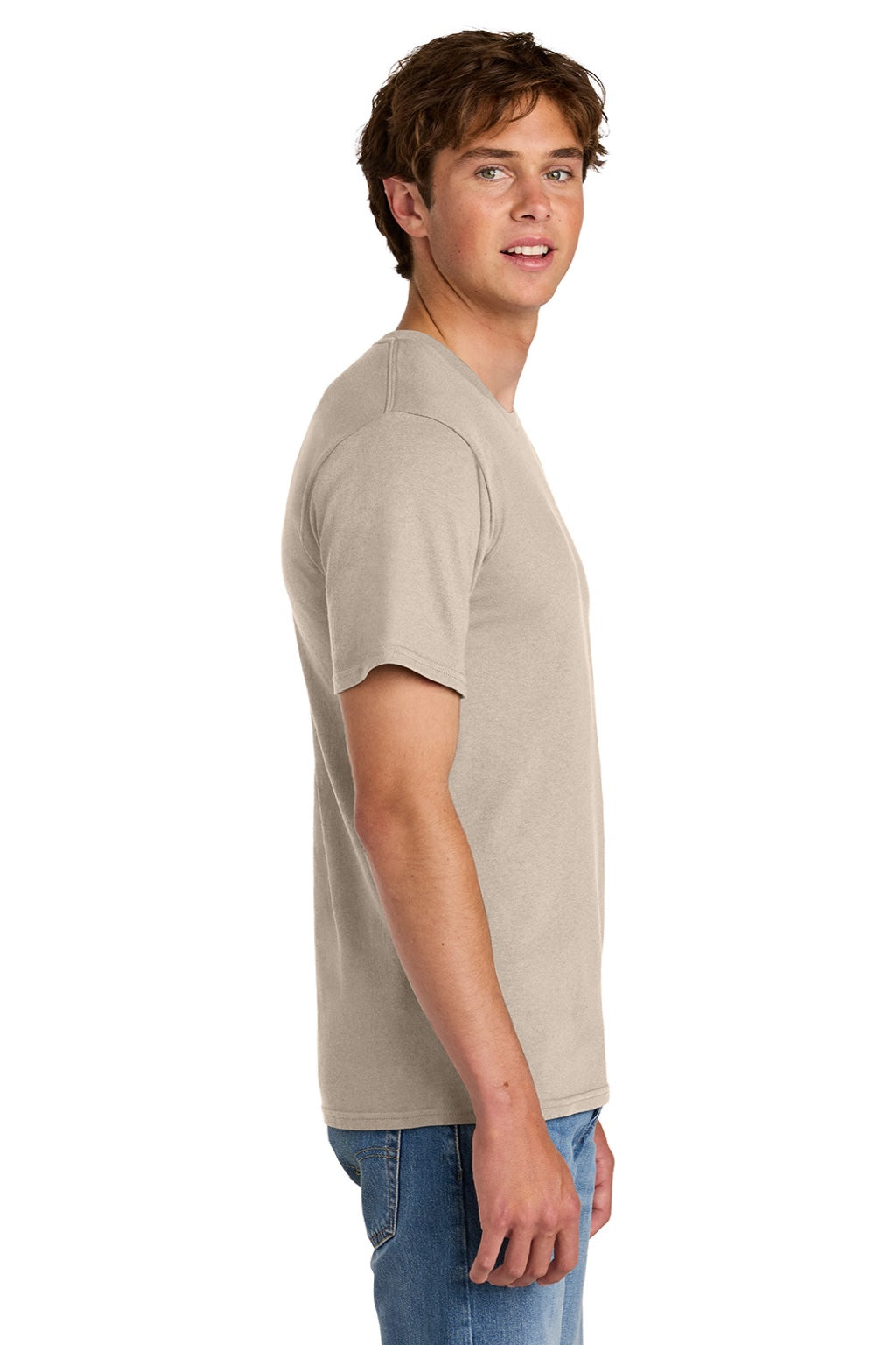Port & Company PC43 Mens Short Sleeve Crewneck T-Shirt Light Sand Brown Model Side