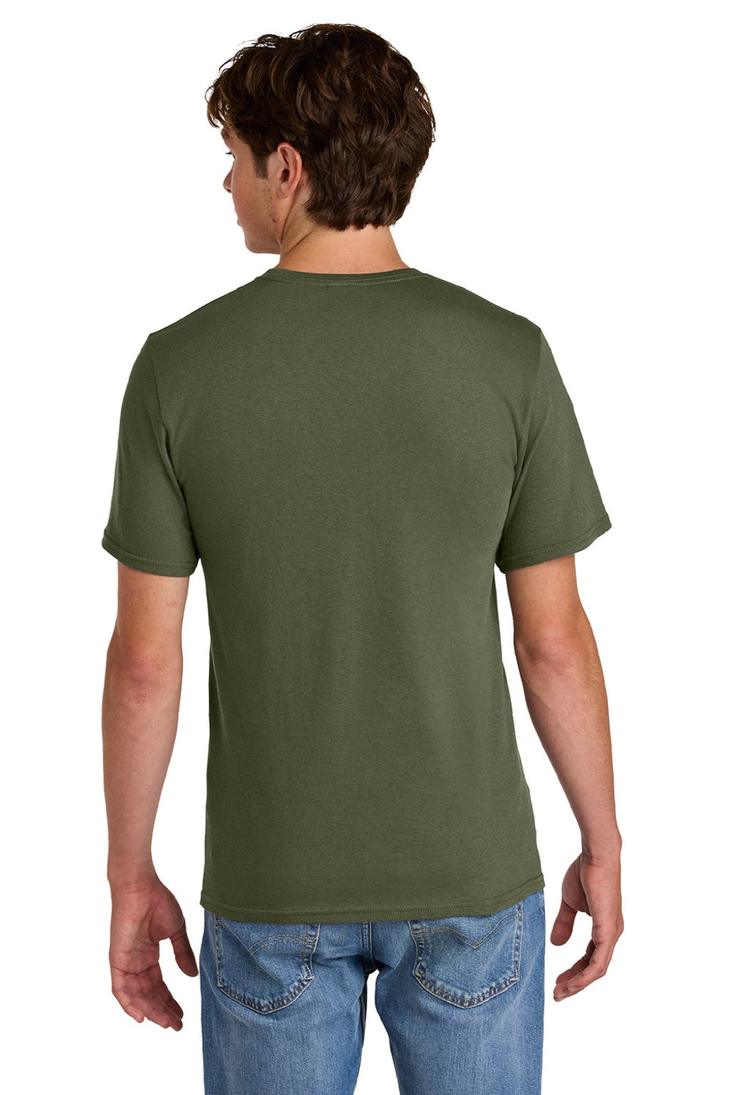 Port & Company PC43 Mens Short Sleeve Crewneck T-Shirt Olive Drab Green Model Back