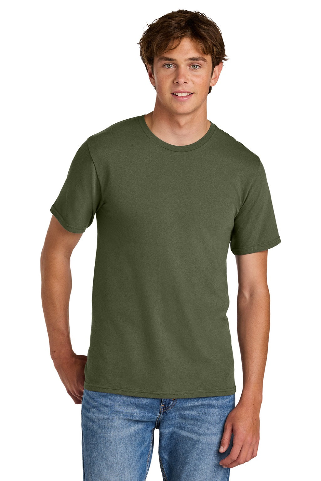 Port & Company PC43 Mens Short Sleeve Crewneck T-Shirt Olive Drab Green Model Front