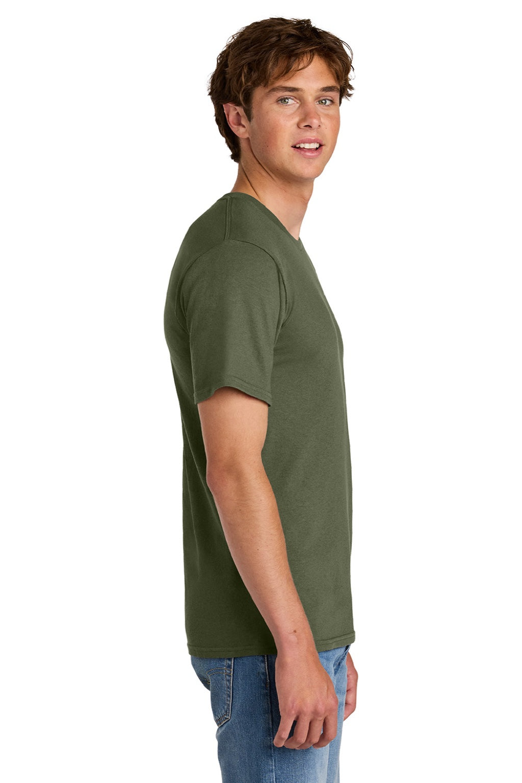 Port & Company PC43 Mens Short Sleeve Crewneck T-Shirt Olive Drab Green Model Side