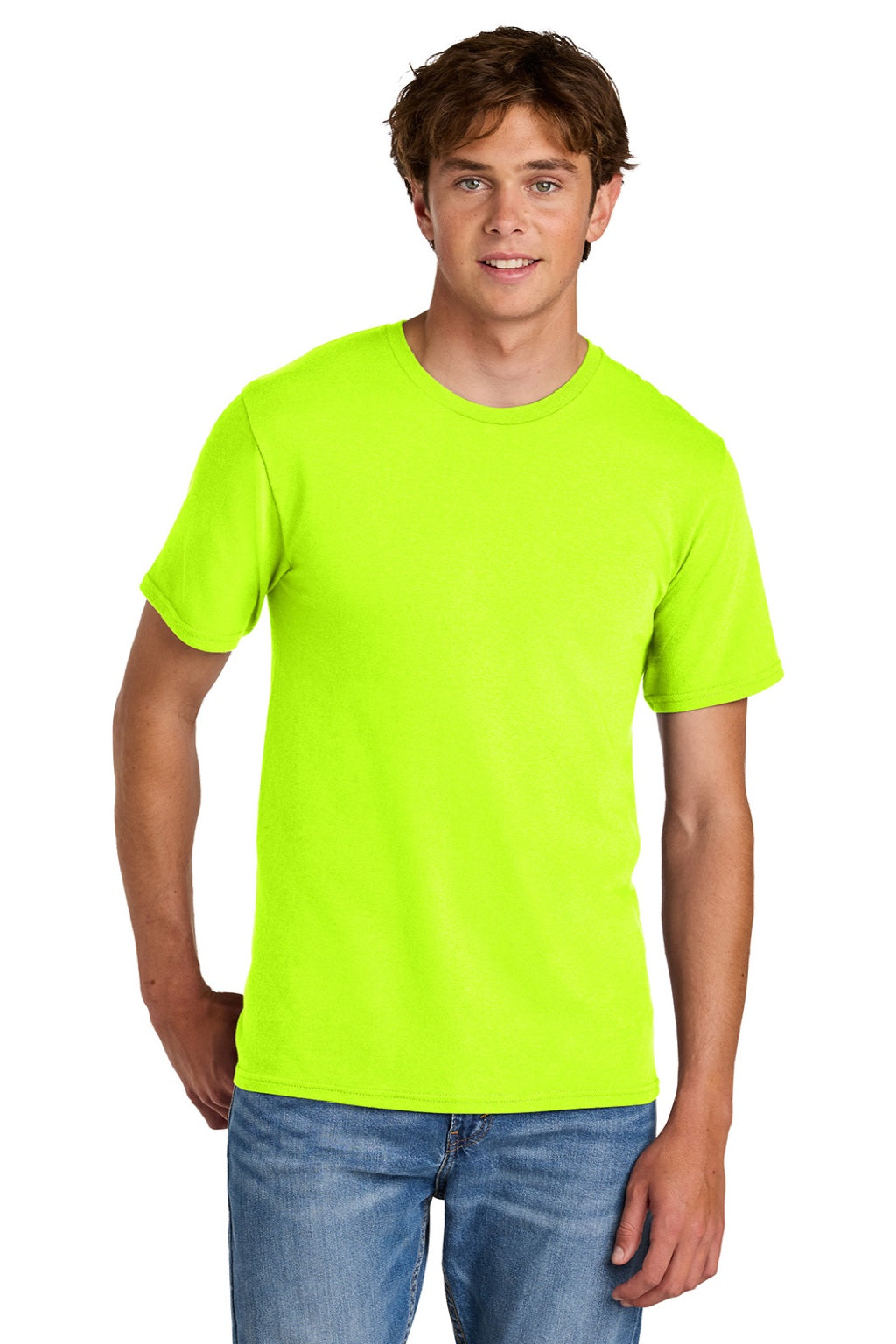 Port & Company PC43 Mens Short Sleeve Crewneck T-Shirt Safety Green Model Front