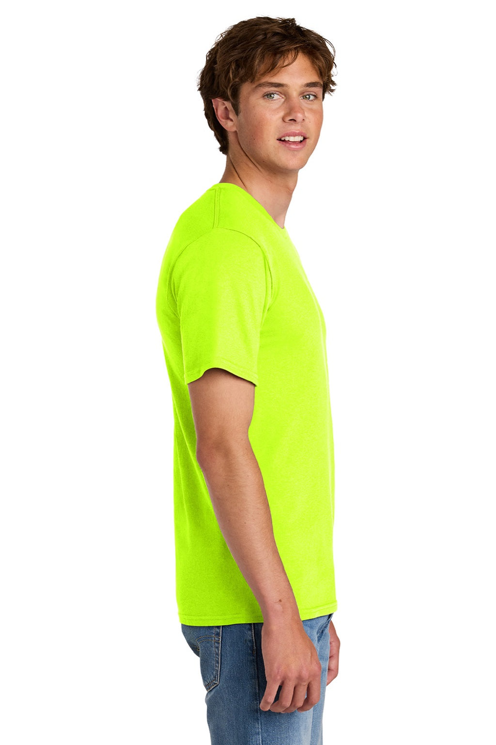 Port & Company PC43 Mens Short Sleeve Crewneck T-Shirt Safety Green Model Side