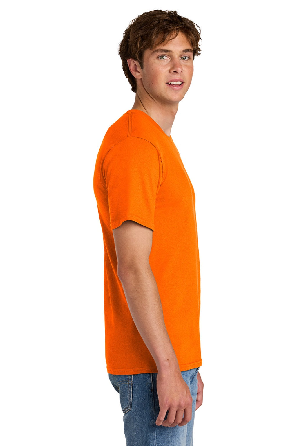 Port & Company PC43 Mens Short Sleeve Crewneck T-Shirt Safety Orange Model Side