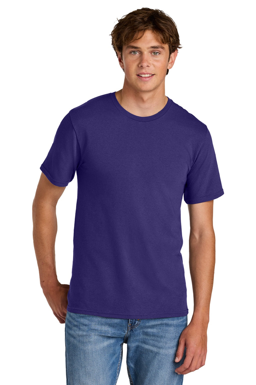 Port & Company PC43 Mens Short Sleeve Crewneck T-Shirt Team Purple Model Side