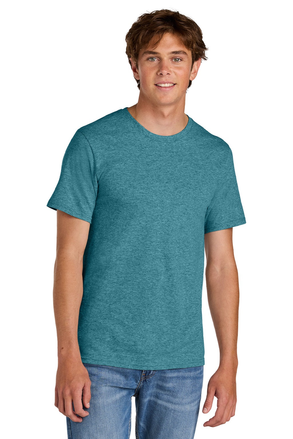 Port & Company PC43 Mens Short Sleeve Crewneck T-Shirt Heather Vivid Teal Blue Model Front