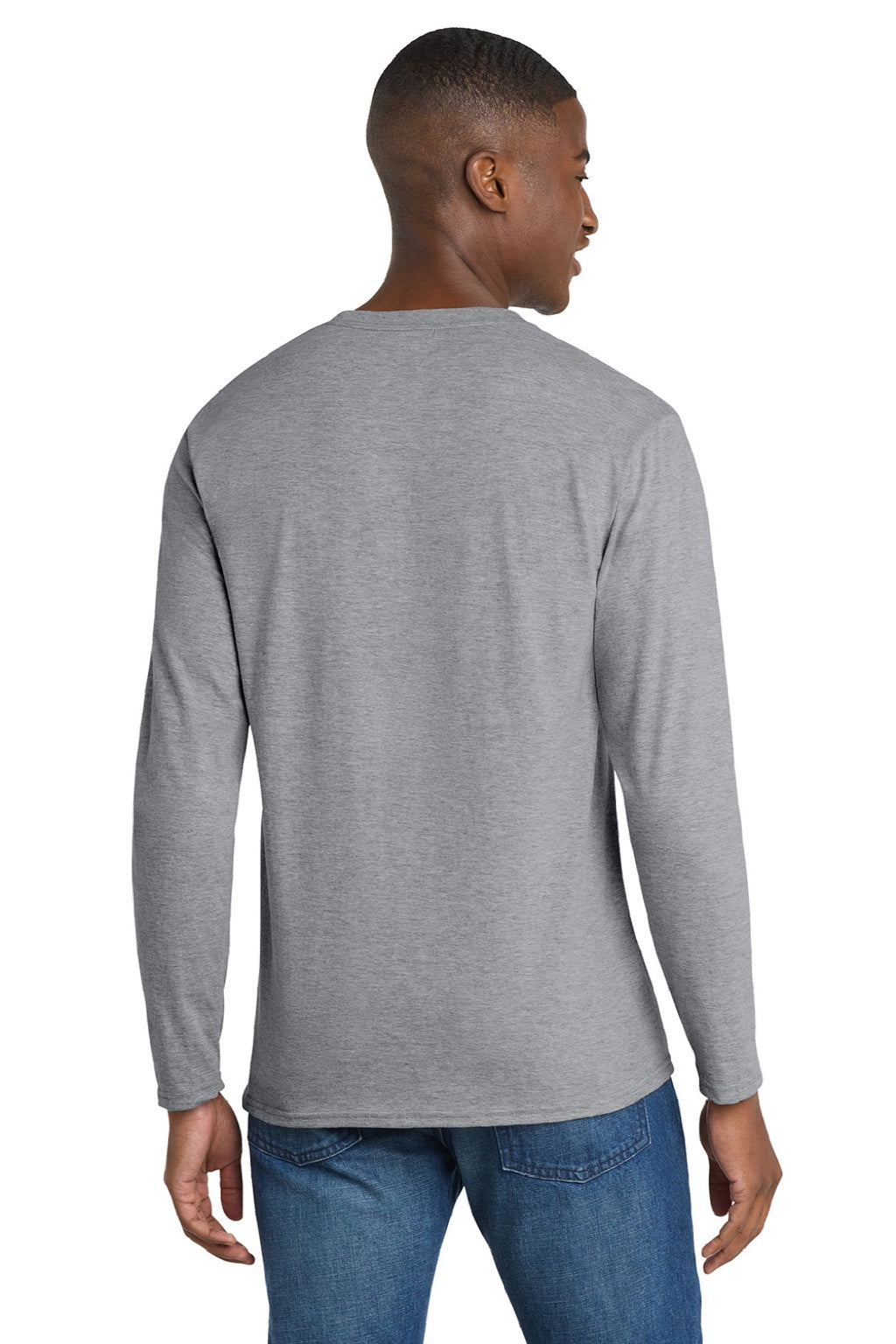 Port & Company PC450LS Mens Fan Favorite Long Sleeve Crewneck T-Shirt Heather Grey Model Back