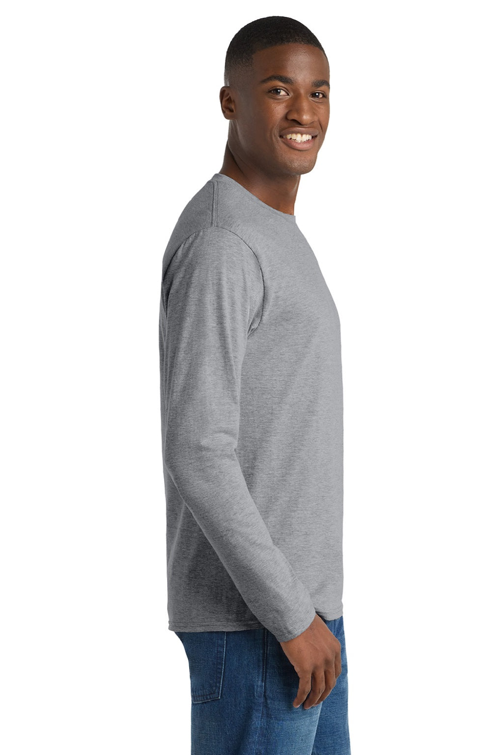 Port & Company PC450LS Mens Fan Favorite Long Sleeve Crewneck T-Shirt Heather Grey Model Side