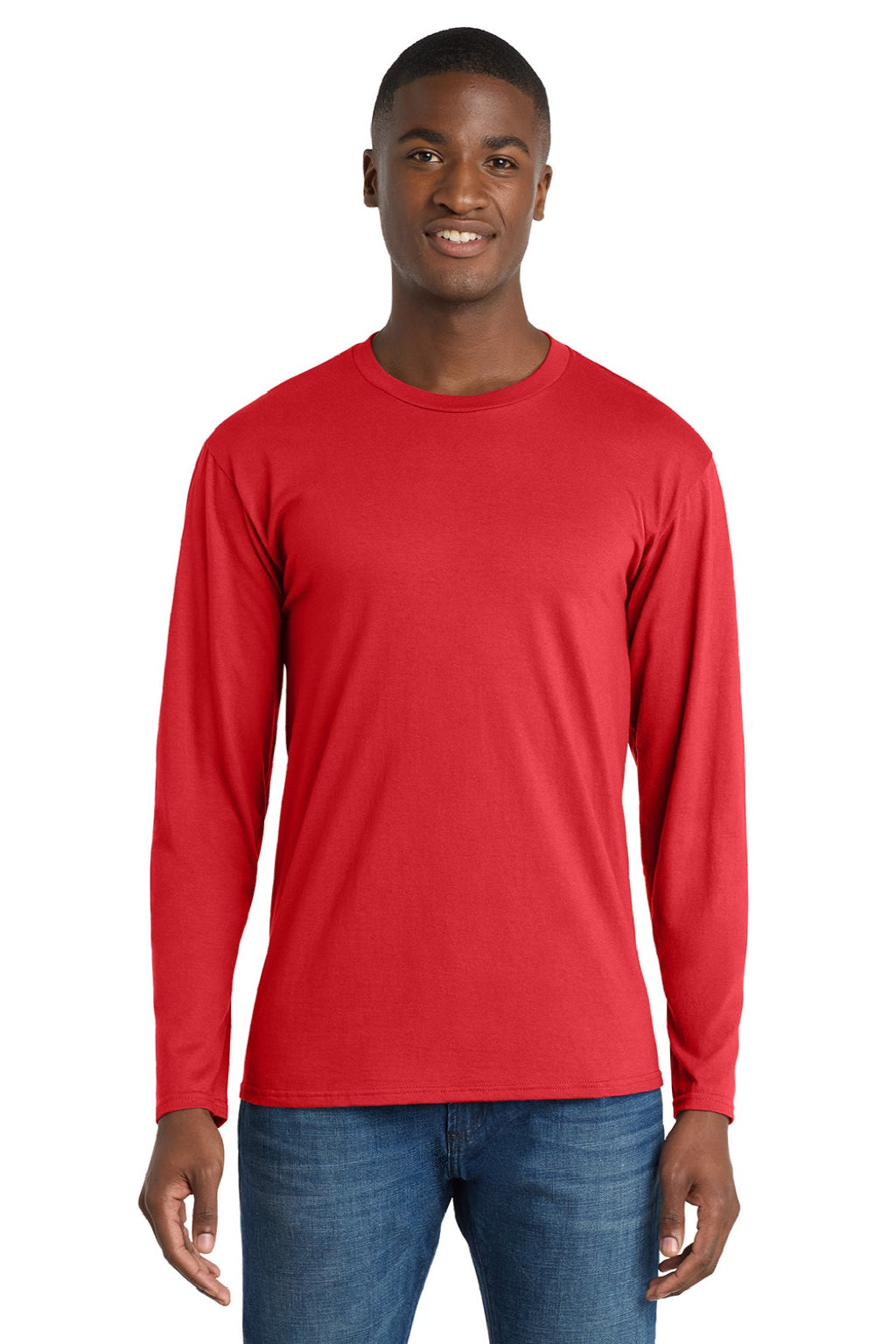 Port & Company PC450LS Mens Fan Favorite Long Sleeve Crewneck T-Shirt Bright Red Model Front