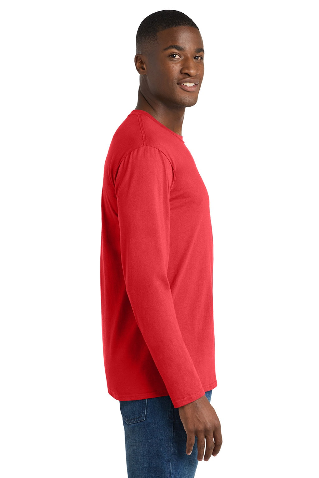 Port & Company PC450LS Mens Fan Favorite Long Sleeve Crewneck T-Shirt Bright Red Model Side