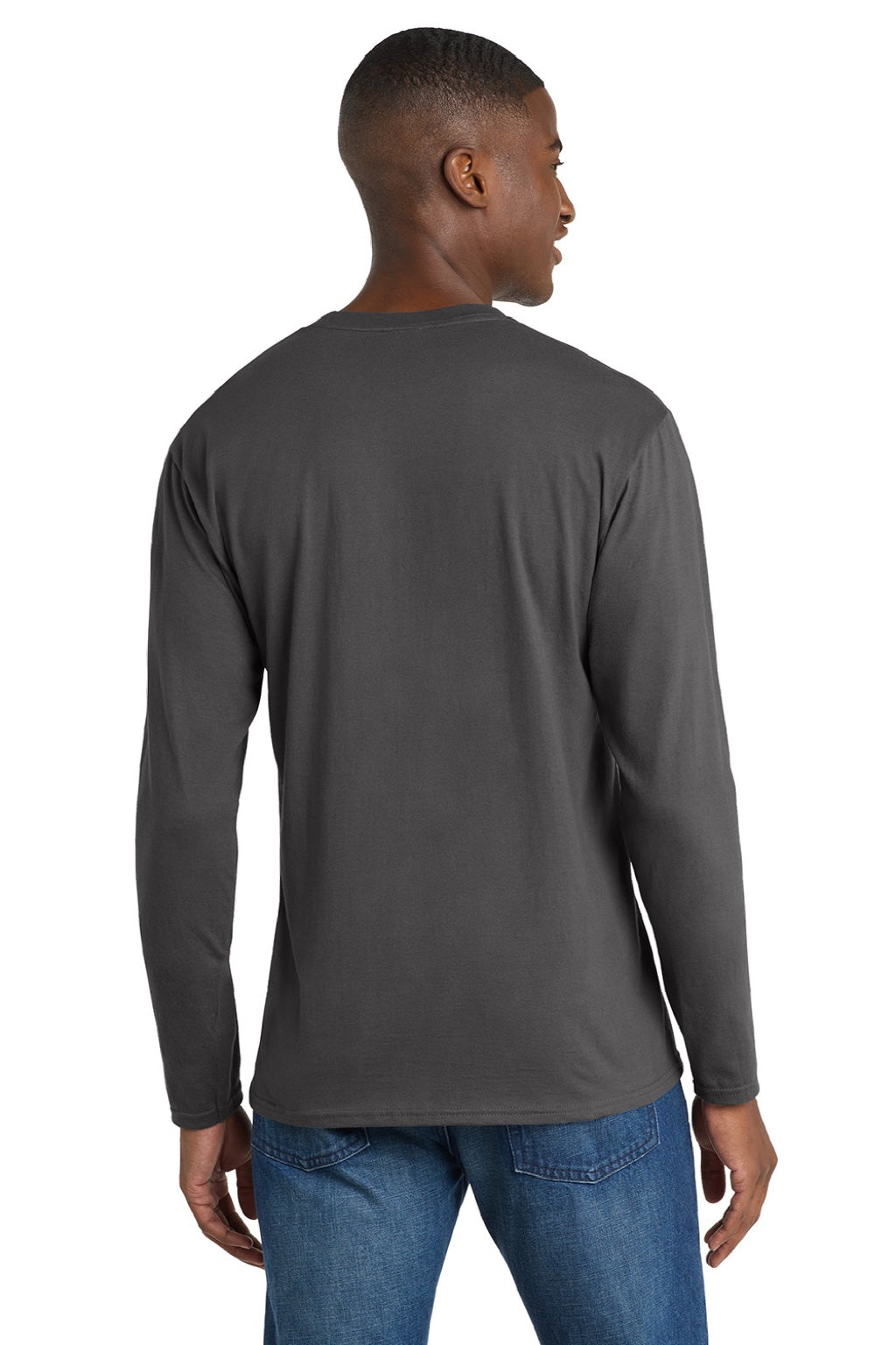 Port & Company PC450LS Mens Fan Favorite Long Sleeve Crewneck T-Shirt Charcoal Grey Model Back