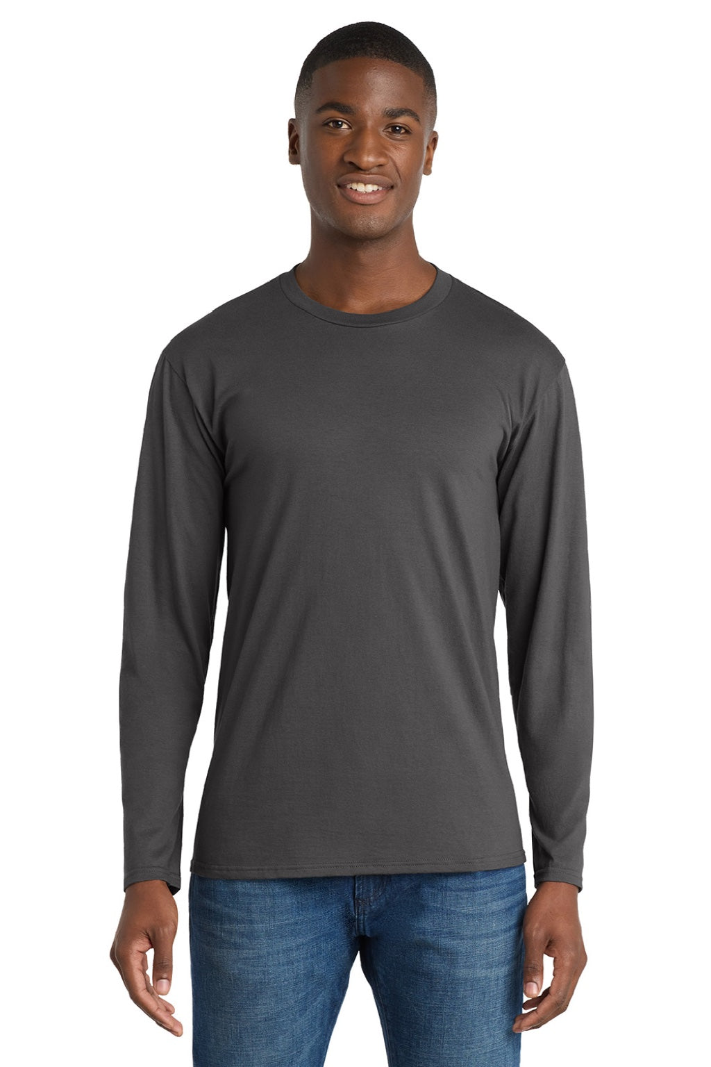 Port & Company PC450LS Mens Fan Favorite Long Sleeve Crewneck T-Shirt Charcoal Grey Model Front