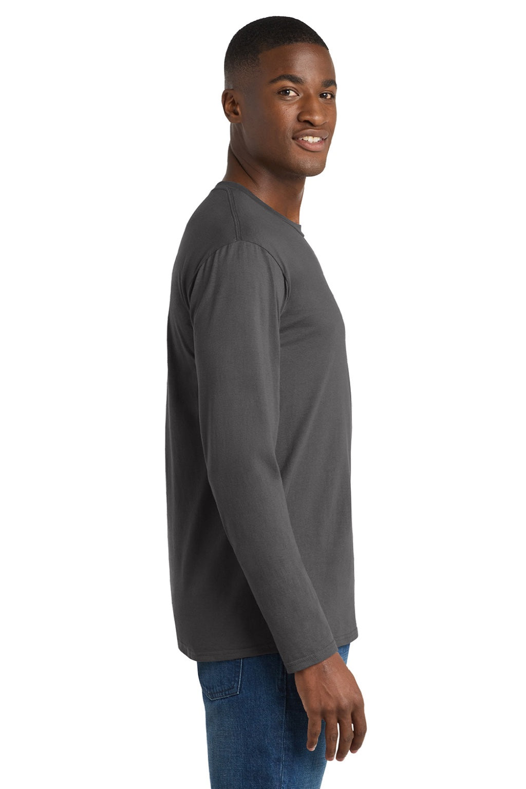 Port & Company PC450LS Mens Fan Favorite Long Sleeve Crewneck T-Shirt Charcoal Grey Model Side