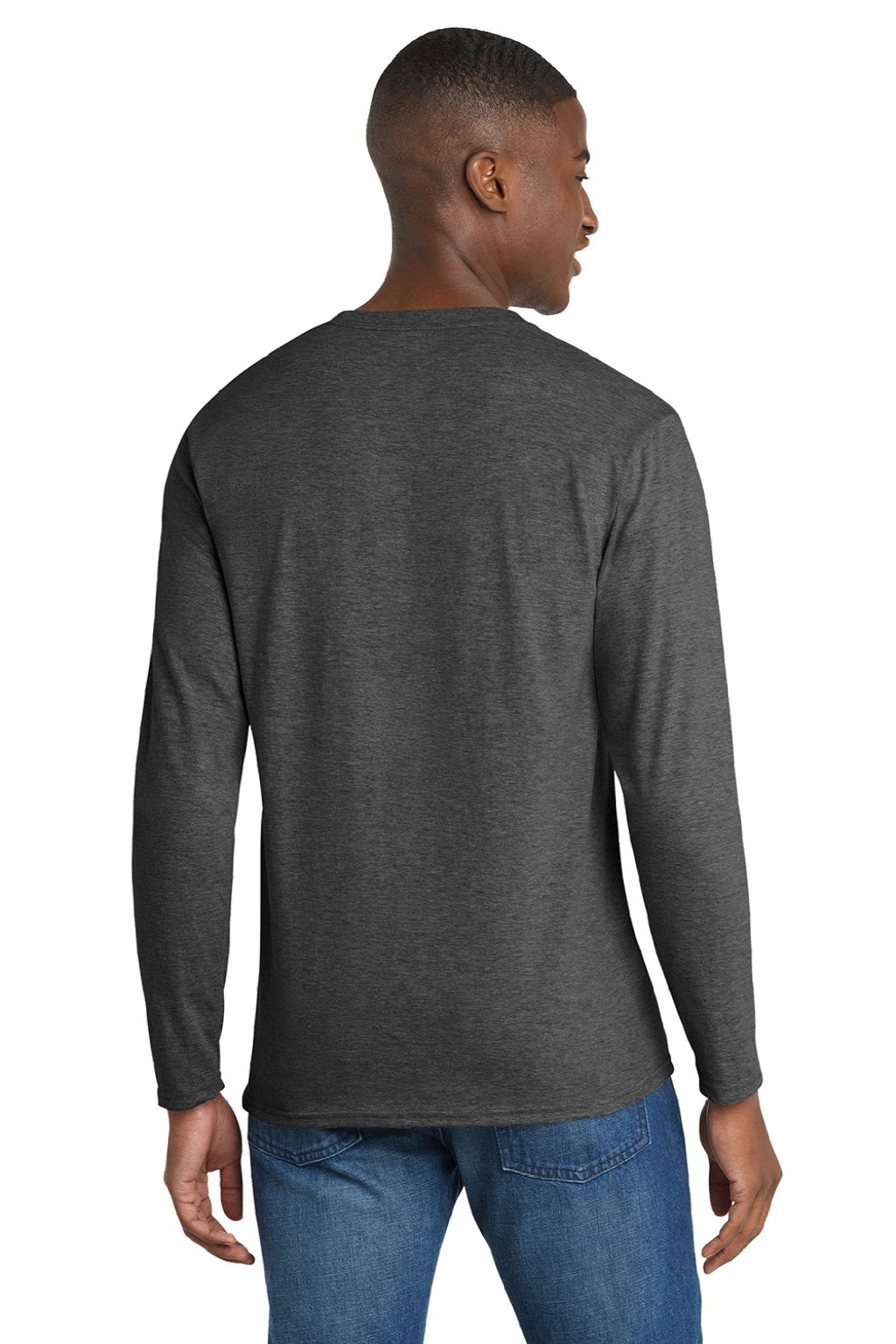 Port & Company PC450LS Mens Fan Favorite Long Sleeve Crewneck T-Shirt Heather Dark Grey Model Back