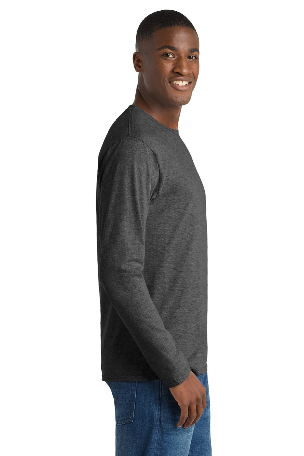 Port & Company PC450LS Mens Fan Favorite Long Sleeve Crewneck T-Shirt Heather Dark Grey Model Side
