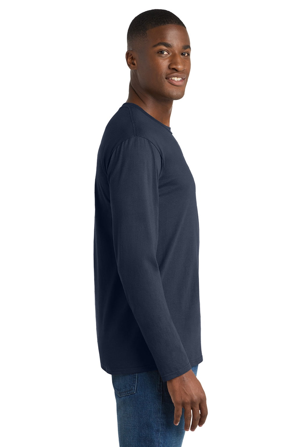 Port & Company PC450LS Mens Fan Favorite Long Sleeve Crewneck T-Shirt Deep Navy Blue Model Side