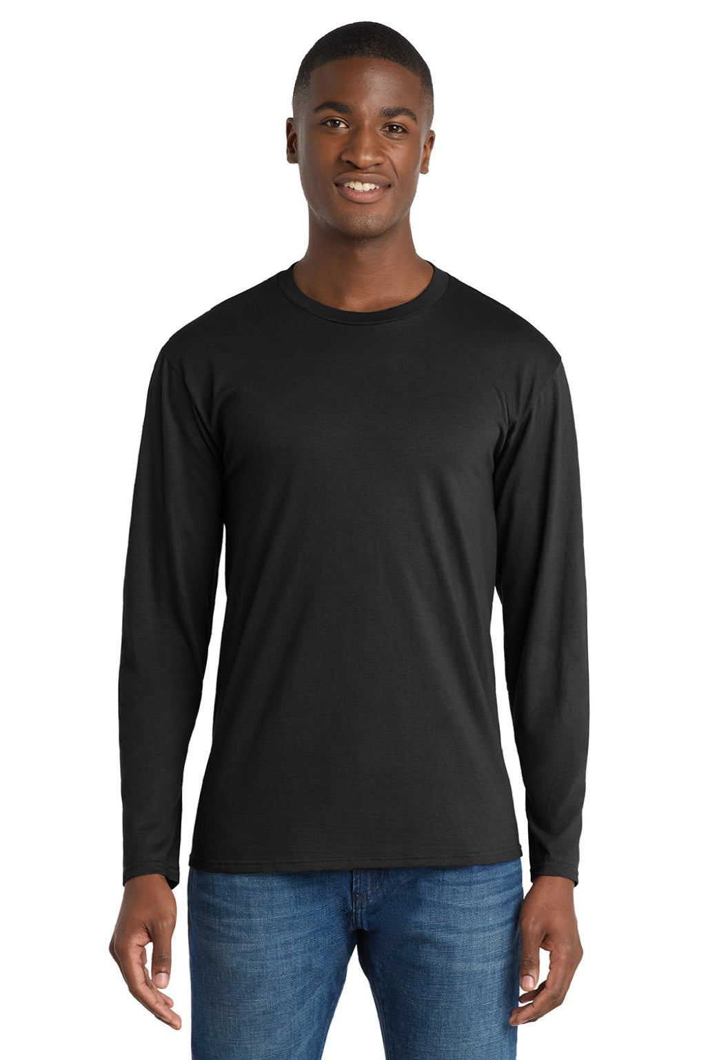 Port & Company PC450LS Mens Fan Favorite Long Sleeve Crewneck T-Shirt Jet Black Model Front