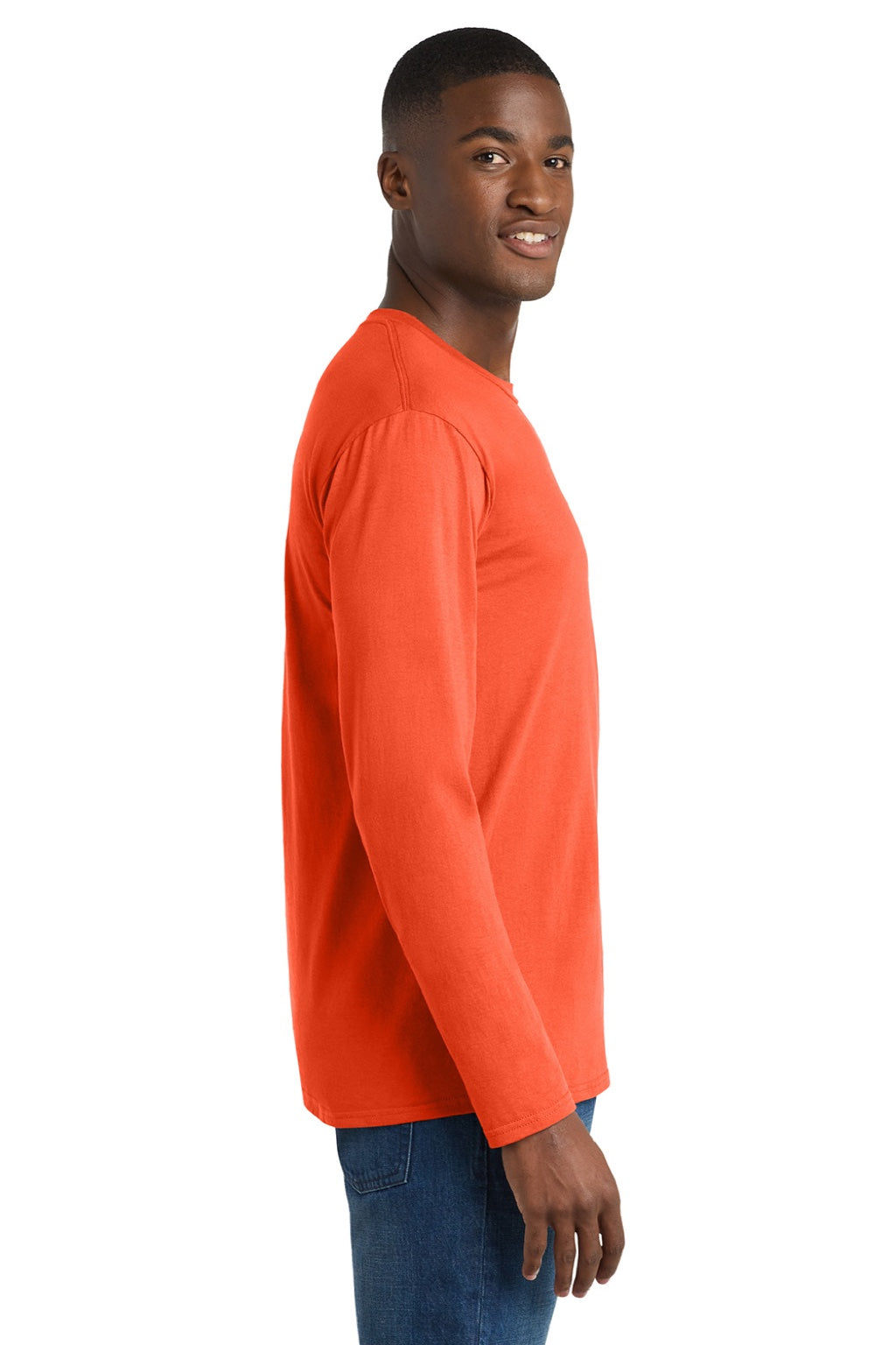 Port & Company PC450LS Mens Fan Favorite Long Sleeve Crewneck T-Shirt Orange Model Side