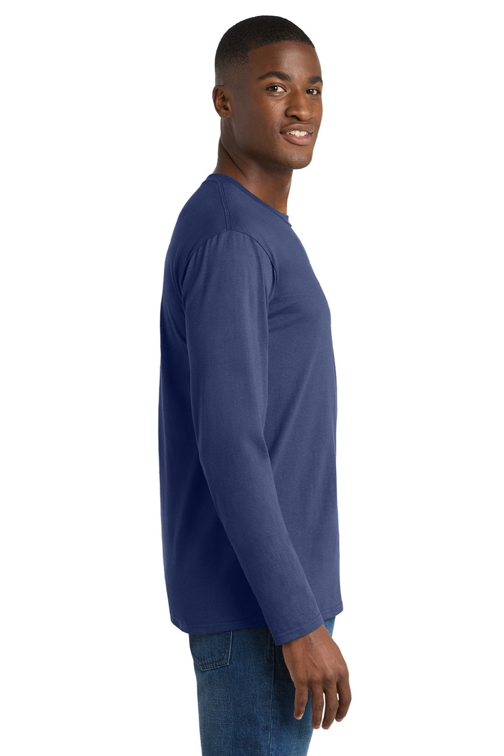 Port & Company PC450LS Mens Fan Favorite Long Sleeve Crewneck T-Shirt Team Navy Blue Model Side