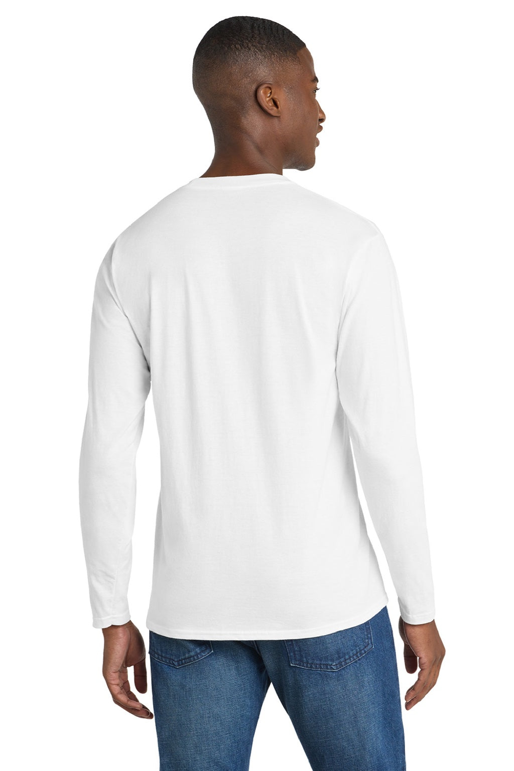 Port & Company PC450LS Mens Fan Favorite Long Sleeve Crewneck T-Shirt White Model Back