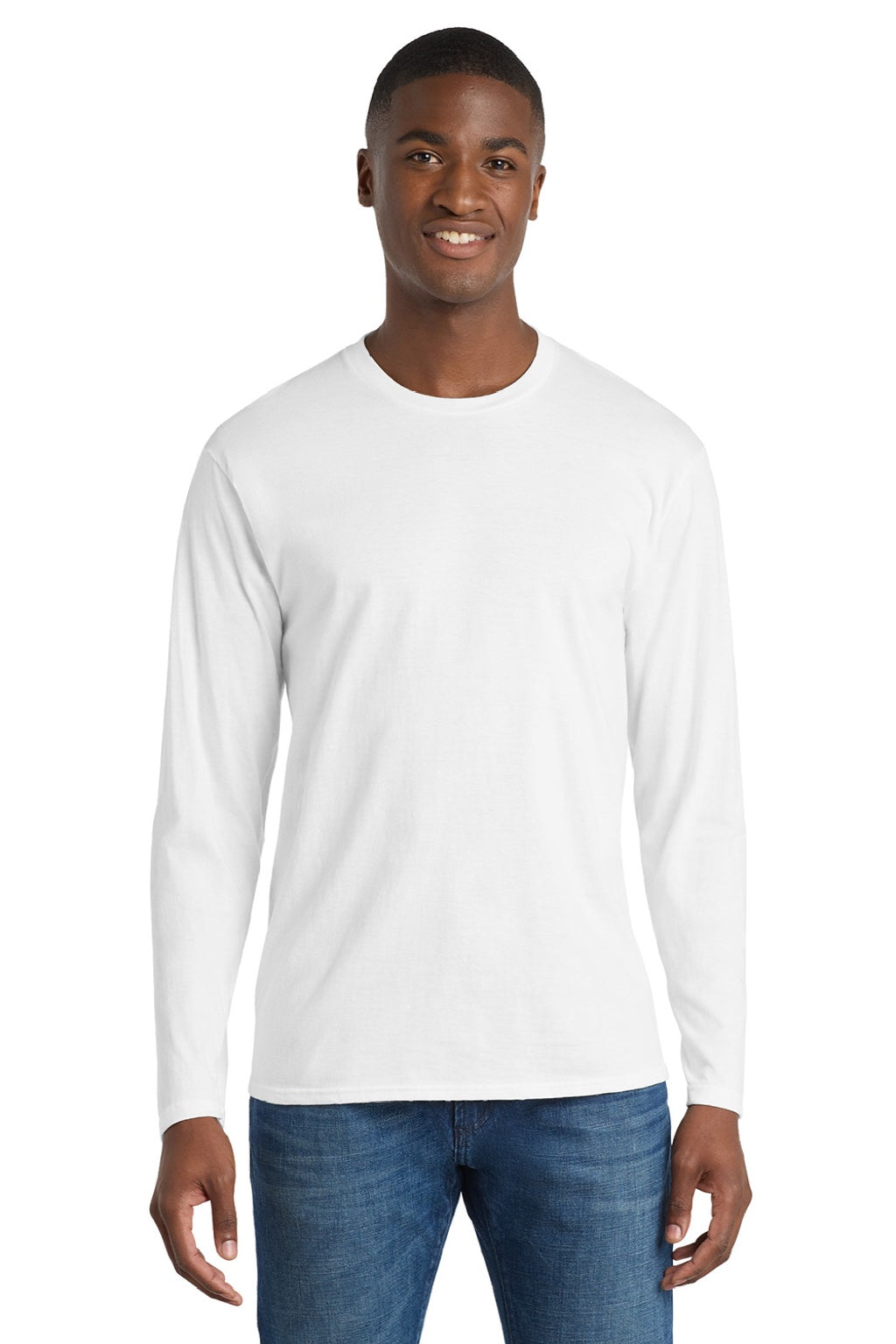 Port & Company PC450LS Mens Fan Favorite Long Sleeve Crewneck T-Shirt White Model Front