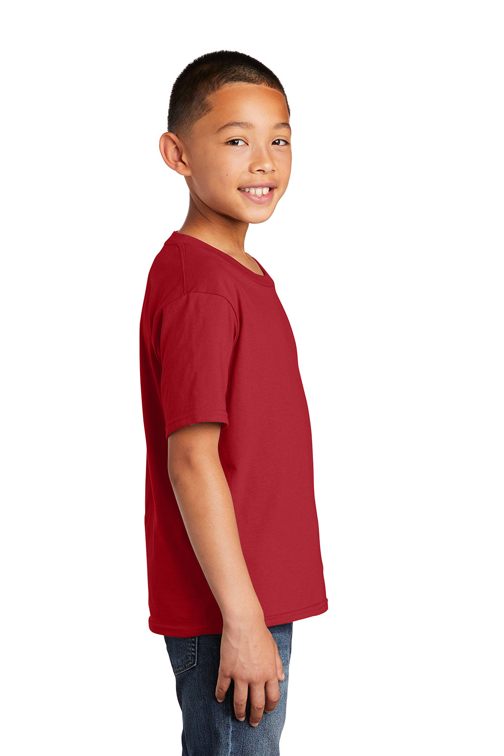Port & Company PC450Y Youth Fan Favorite Short Sleeve Crewneck T-Shirt Team Cardinal Red Model Side