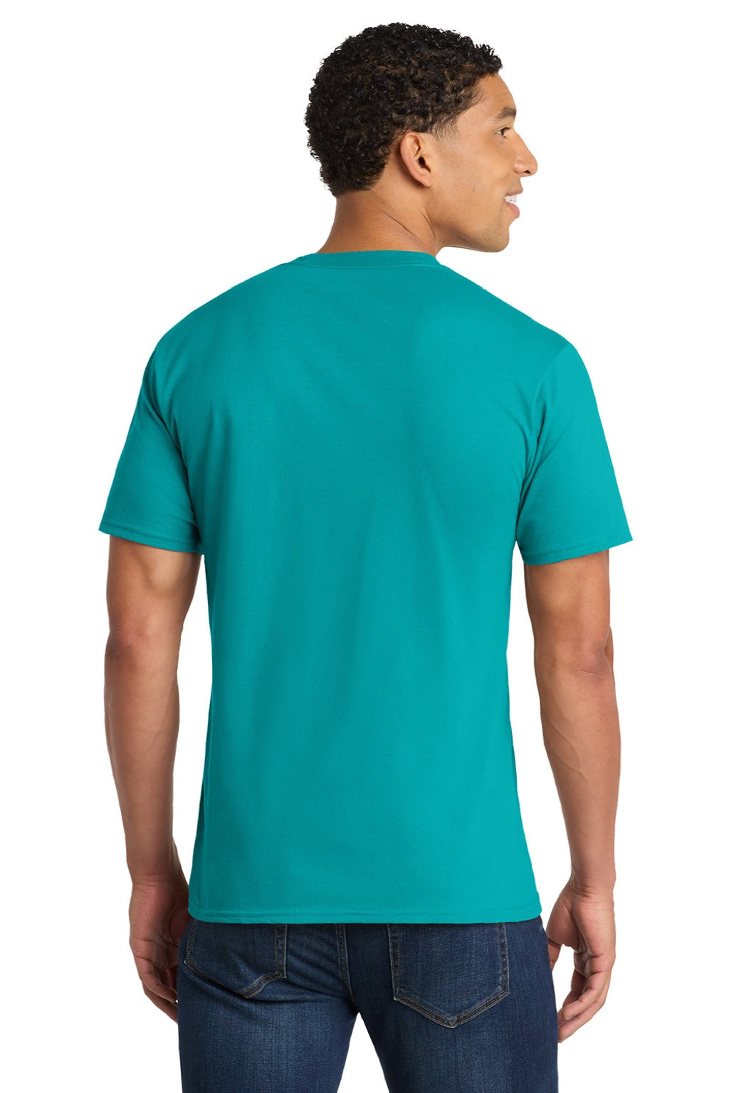 Port & Company PC450 Mens Fan Favorite Short Sleeve Crewneck T-Shirt Bright Aqua Blue Model Back