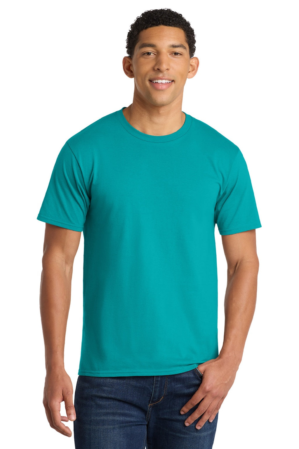 Port & Company PC450 Mens Fan Favorite Short Sleeve Crewneck T-Shirt Bright Aqua Blue Model Front