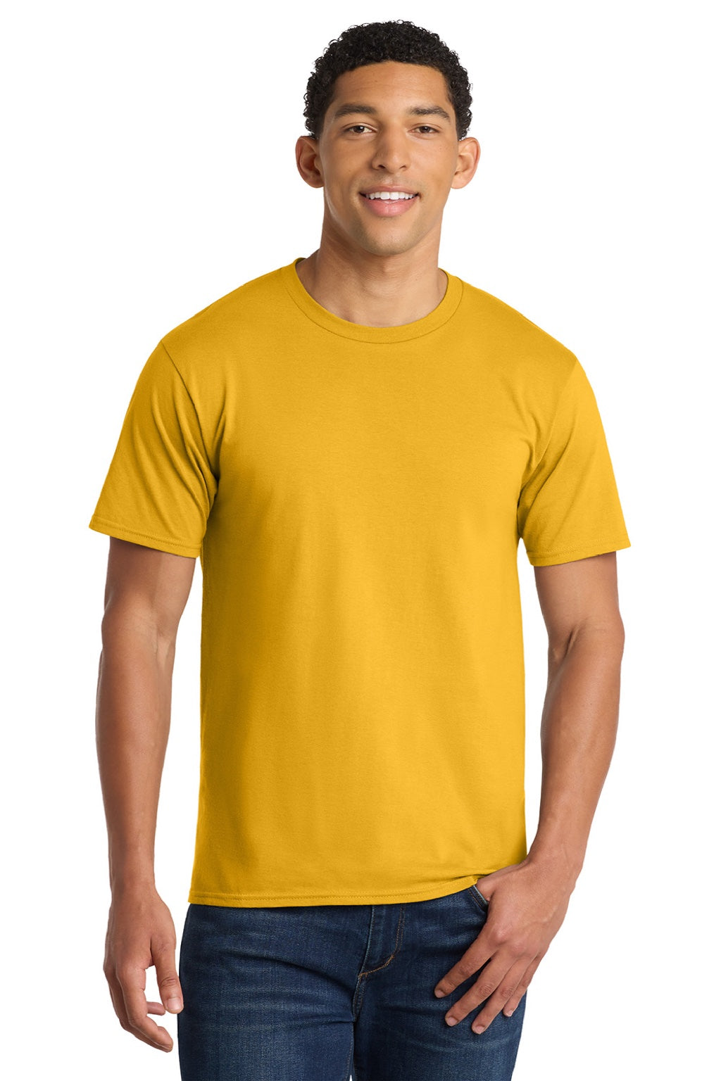 Port & Company PC450 Mens Fan Favorite Short Sleeve Crewneck T-Shirt Bright Gold Model Front