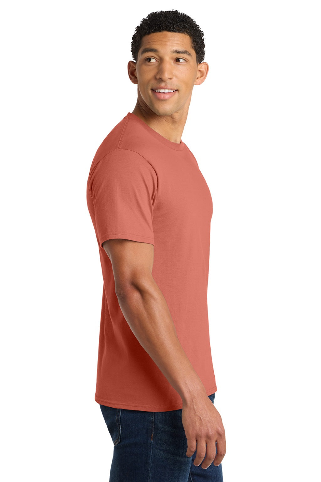 Port & Company PC450 Mens Fan Favorite Short Sleeve Crewneck T-Shirt Coral Model Side