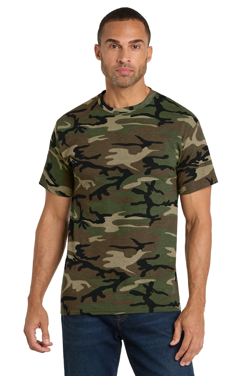 Port & Company PC54C Mens Core Short Sleeve Crewneck T-Shirt Military Camo Model Front