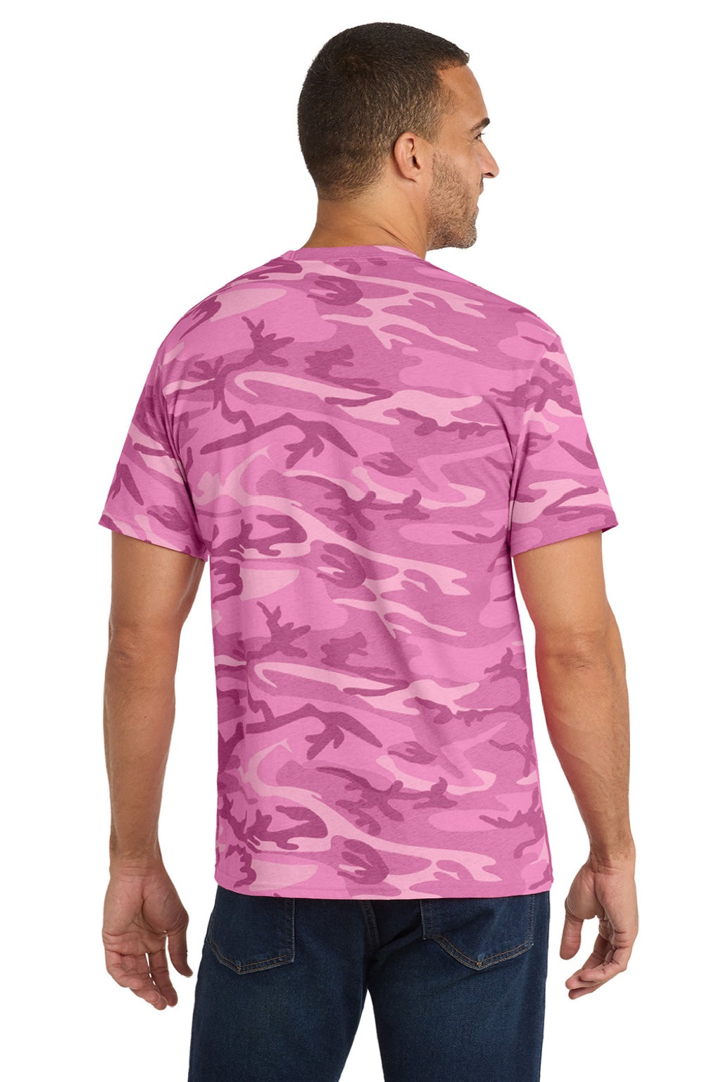 Port & Company PC54C Mens Core Short Sleeve Crewneck T-Shirt Pink Camo Model Back