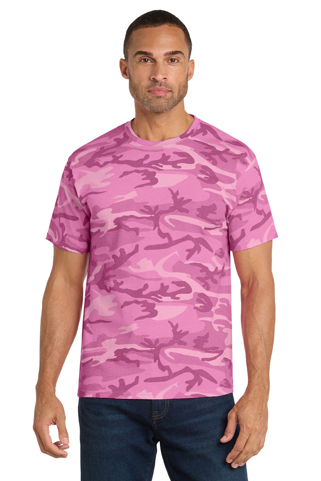 Port & Company PC54C Mens Core Short Sleeve Crewneck T-Shirt Pink Camo Model Front
