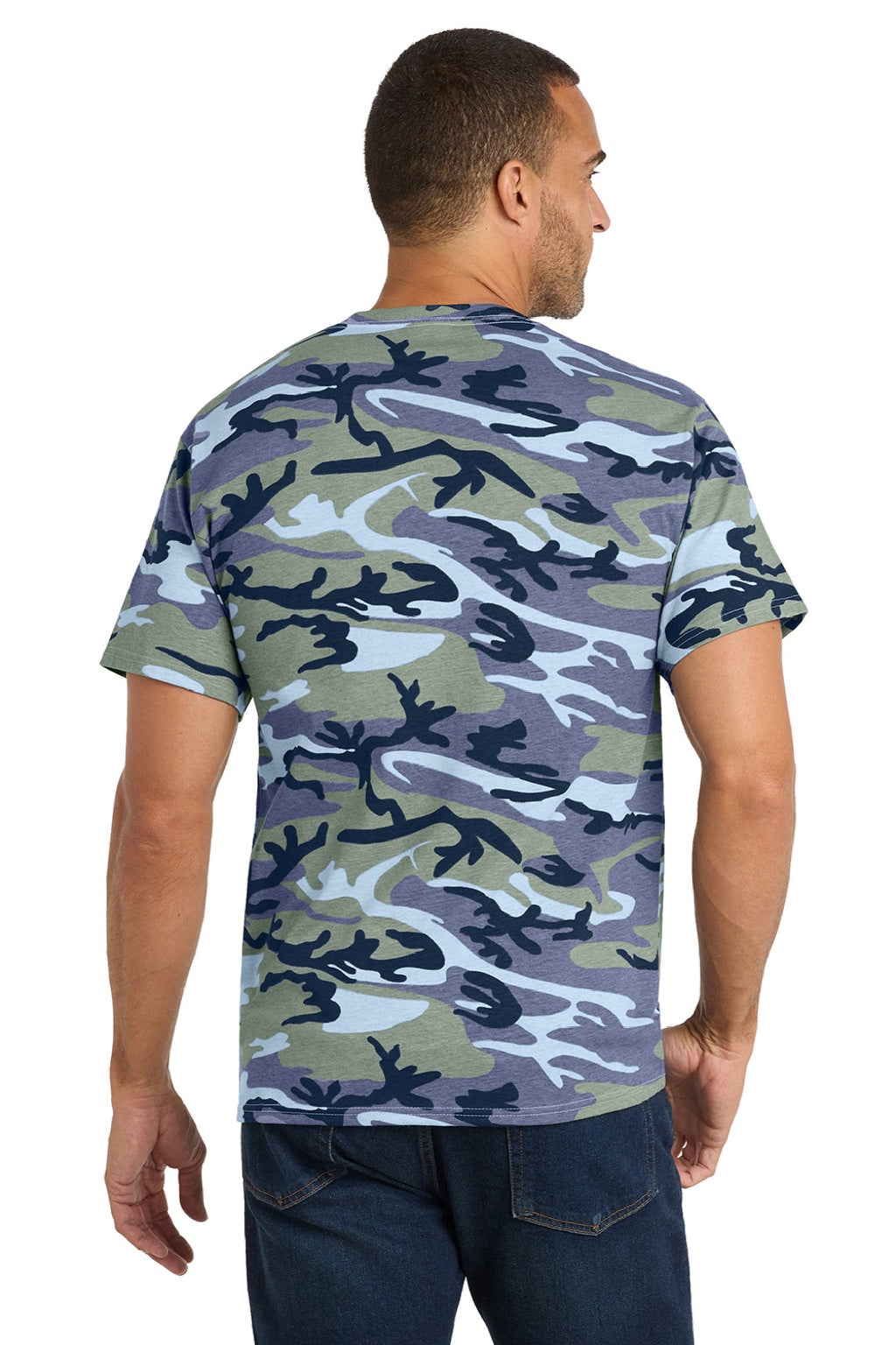Port & Company PC54C Mens Core Short Sleeve Crewneck T-Shirt Woodland Blue Camo Model Back