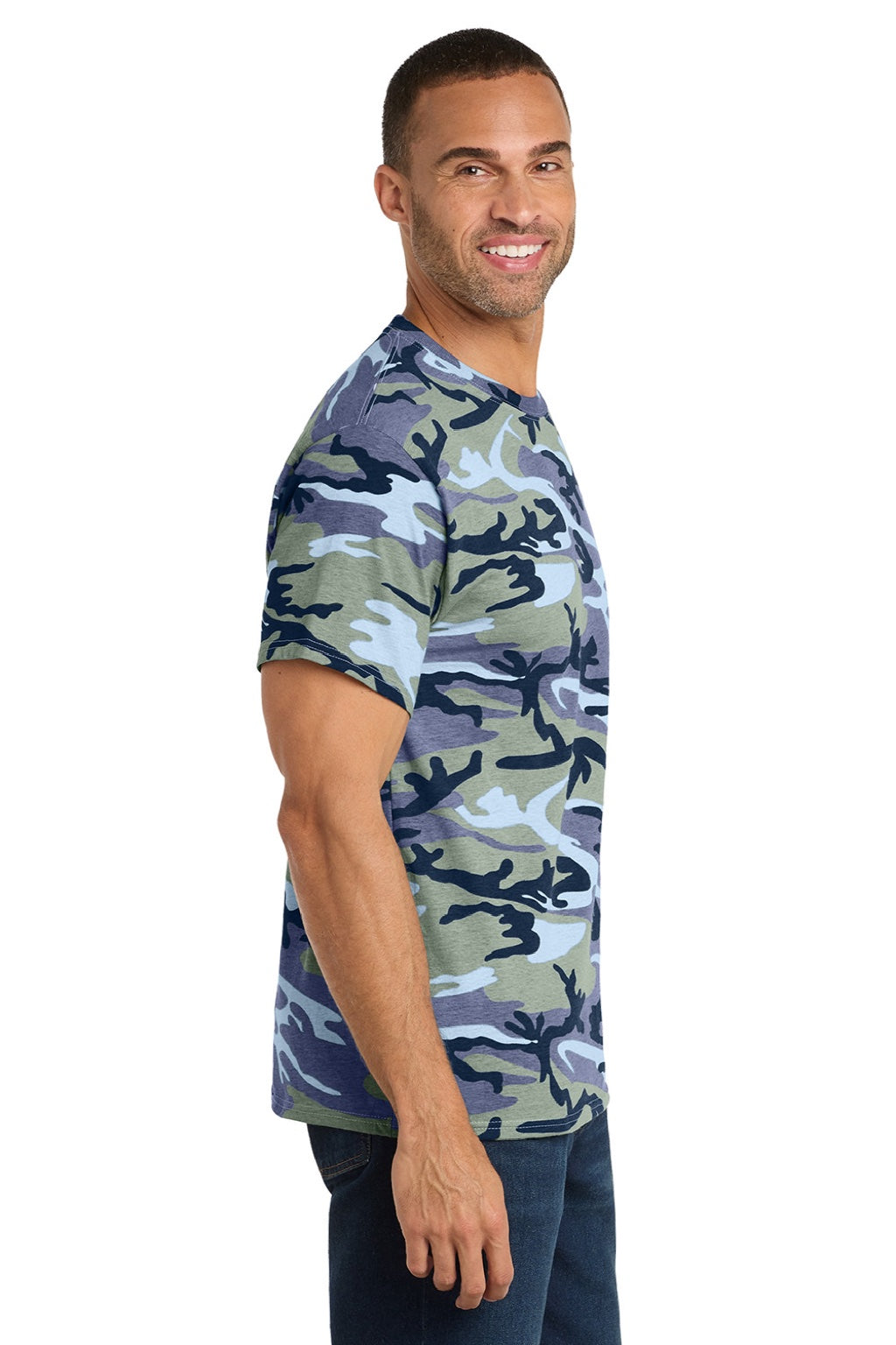 Port & Company PC54C Mens Core Short Sleeve Crewneck T-Shirt Woodland Blue Camo Model Side
