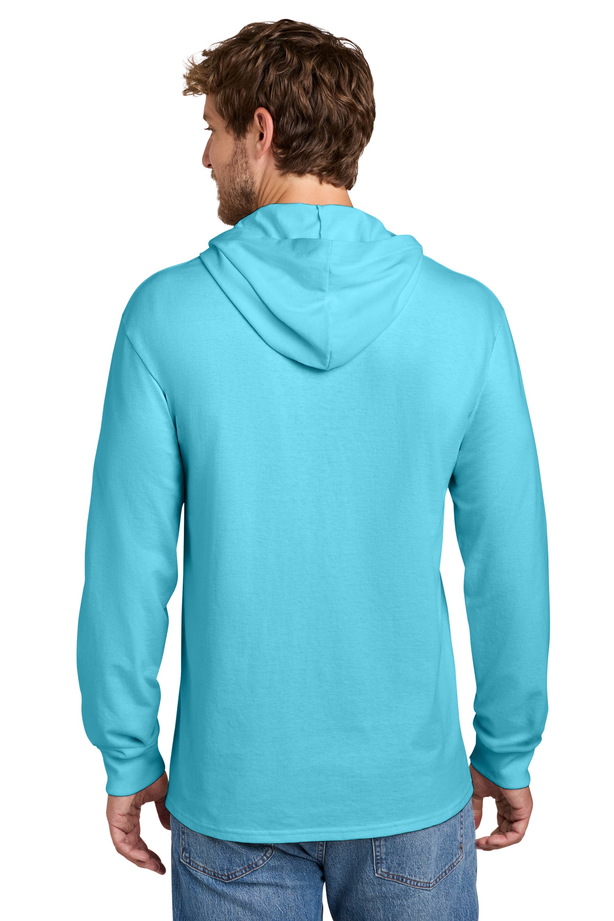 Port & Company PC54H Mens Core Cotton Long Sleeve Hooded T-Shirt Hoodie Aquatic Blue Model Back