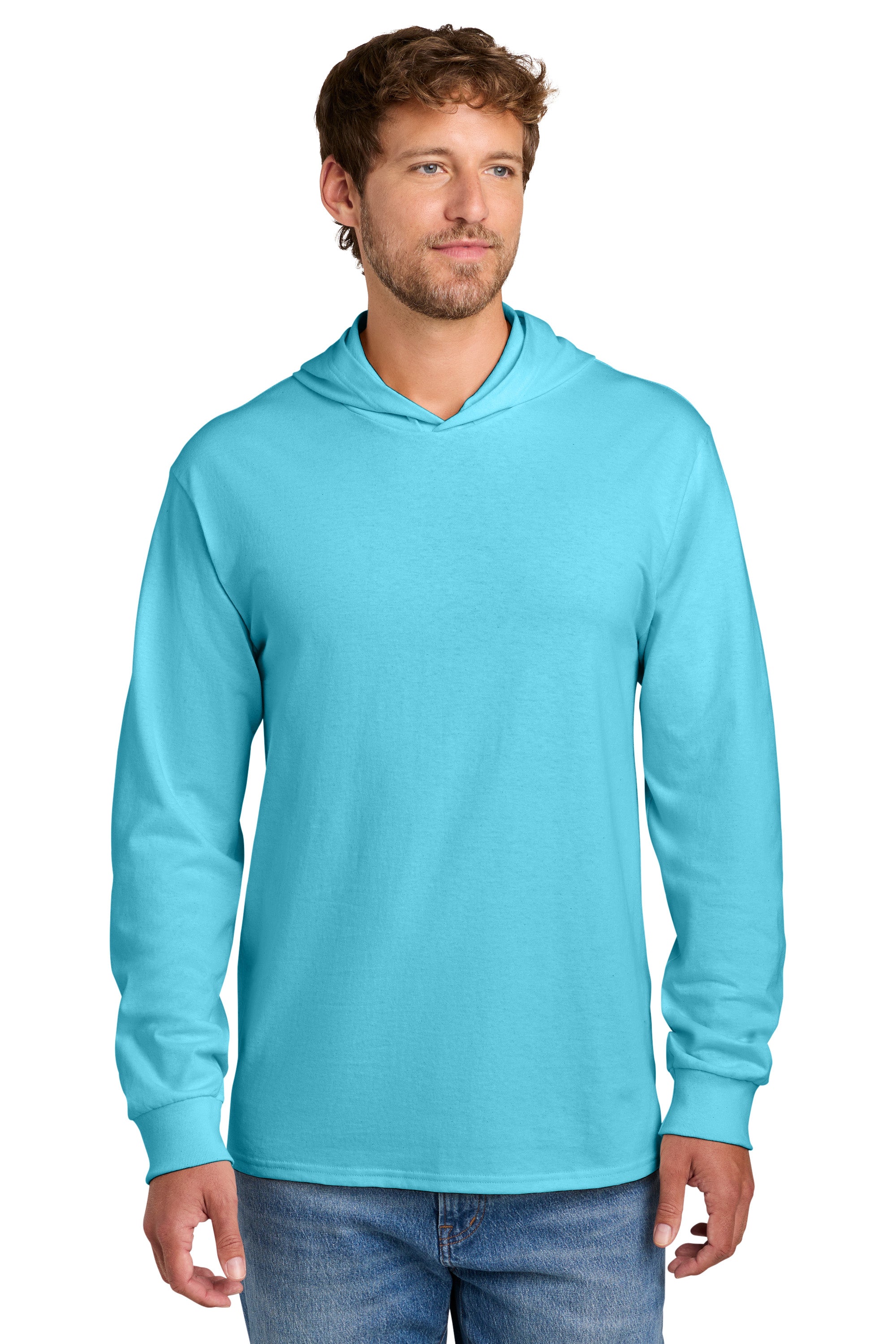 Port & Company PC54H Mens Core Cotton Long Sleeve Hooded T-Shirt Hoodie Aquatic Blue Model Front
