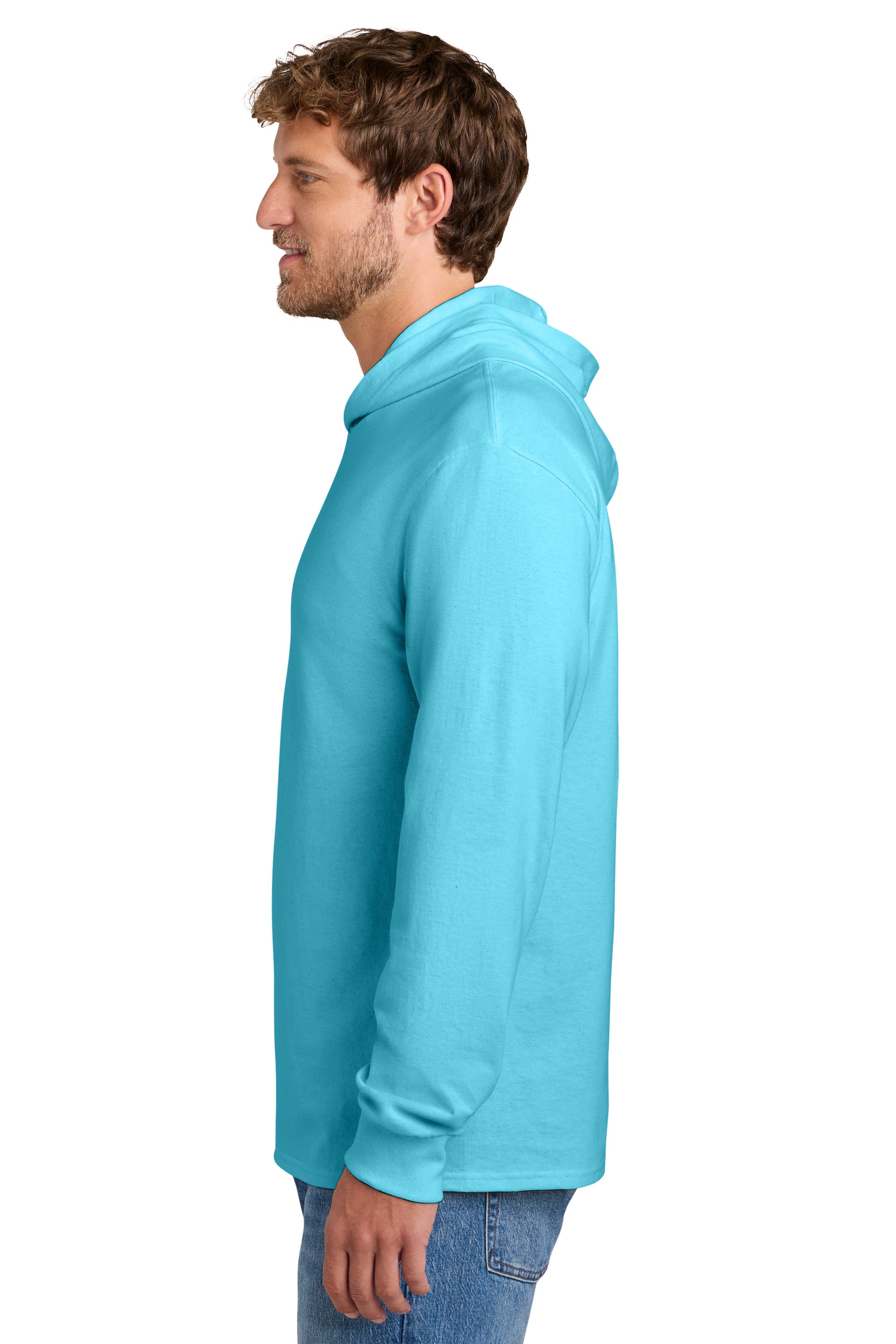 Port & Company PC54H Mens Core Cotton Long Sleeve Hooded T-Shirt Hoodie Aquatic Blue Model Side