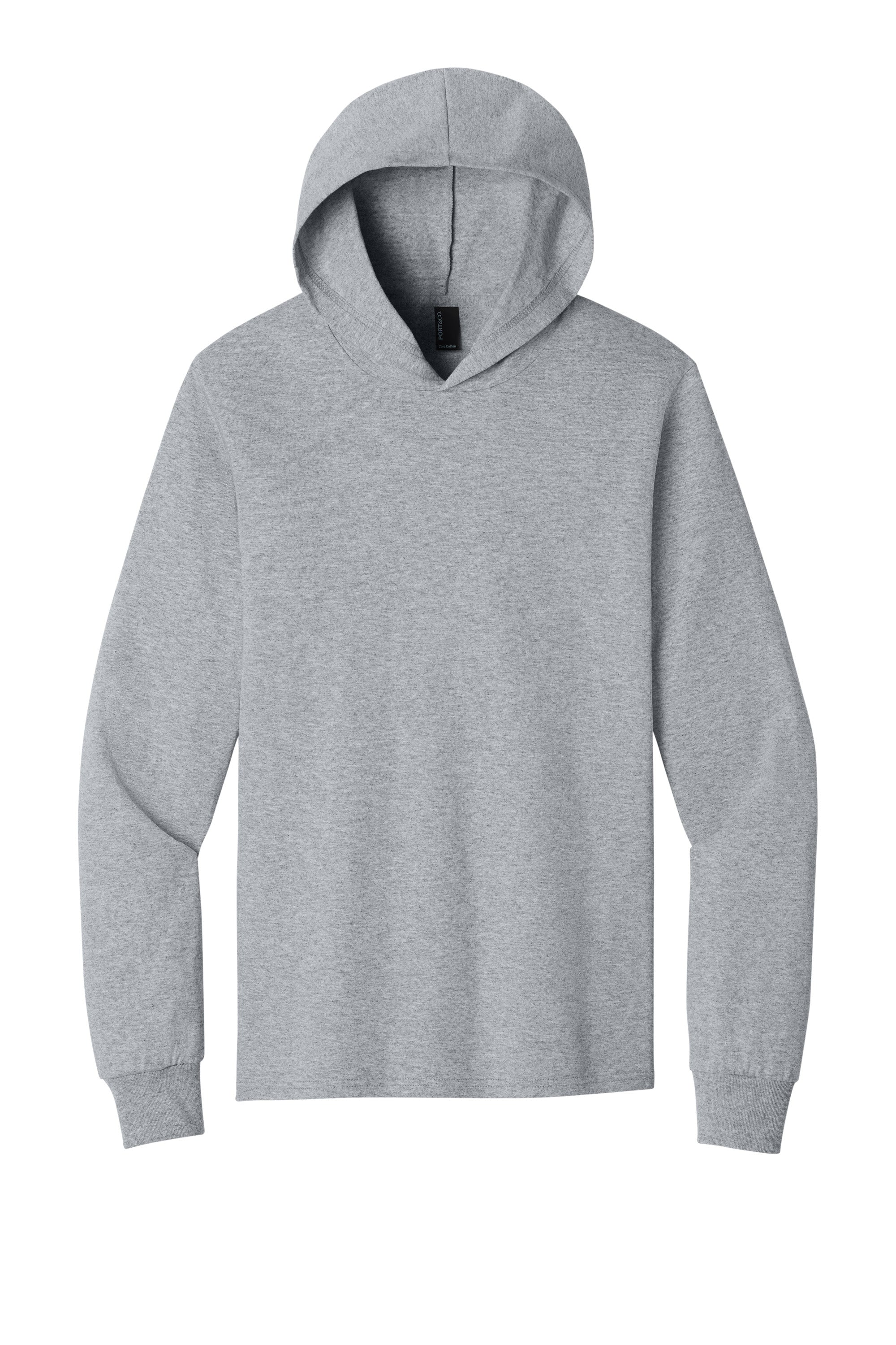 Port & Company PC54H Mens Core Cotton Long Sleeve Hooded T-Shirt Hoodie Heather Grey Flat Front