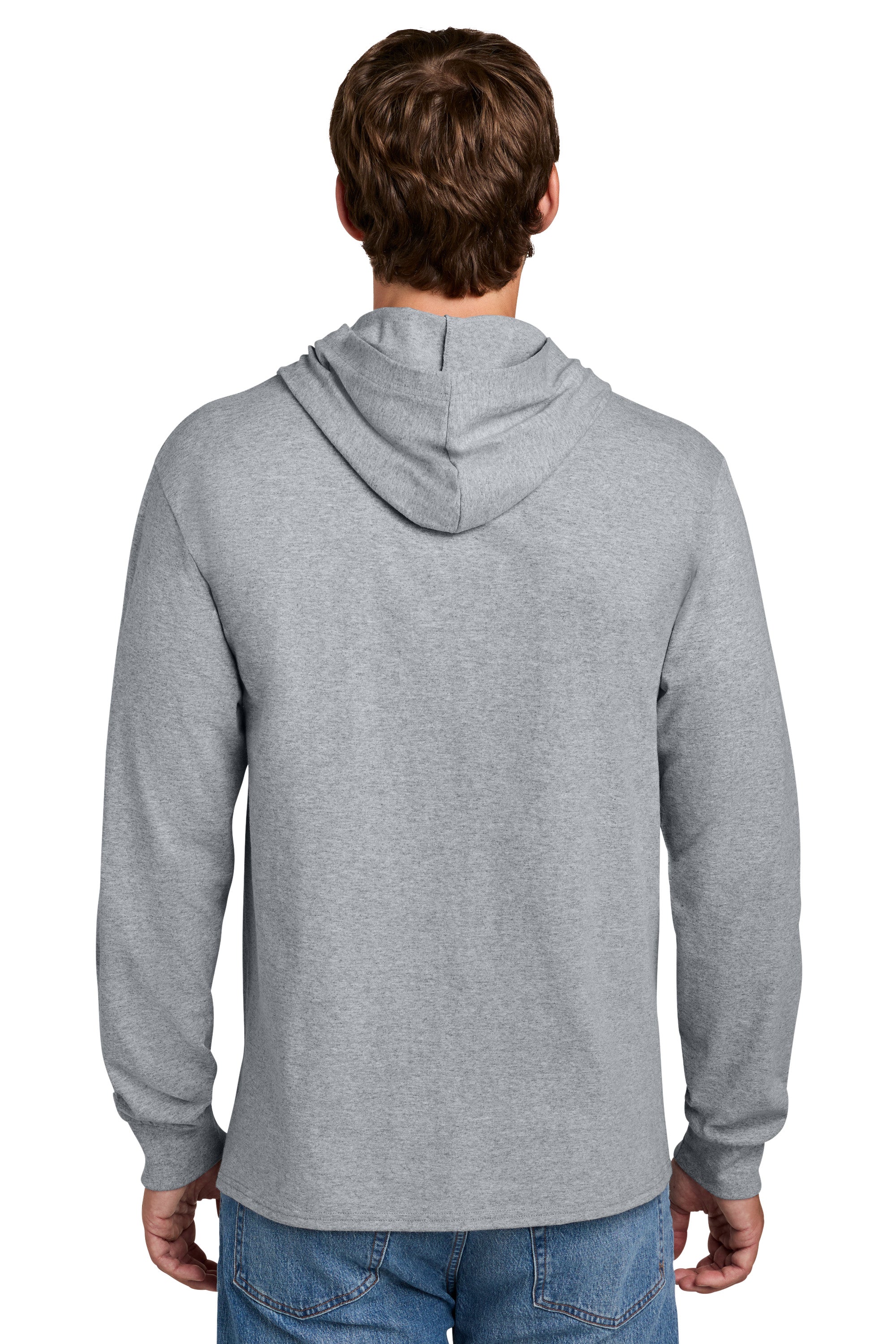 Port & Company PC54H Mens Core Cotton Long Sleeve Hooded T-Shirt Hoodie Heather Grey Model Back