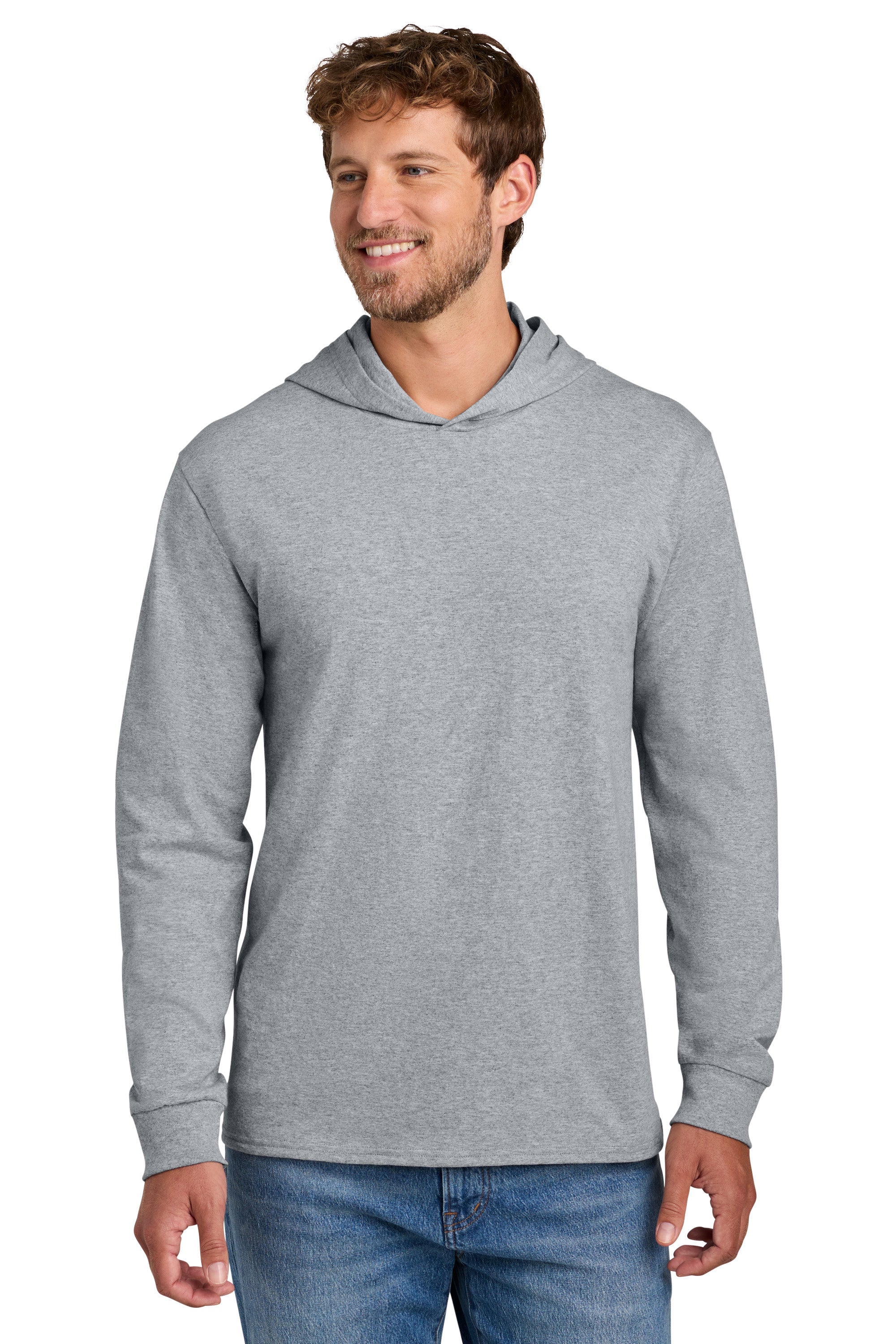 Port & Company PC54H Mens Core Cotton Long Sleeve Hooded T-Shirt Hoodie Heather Grey Model Front