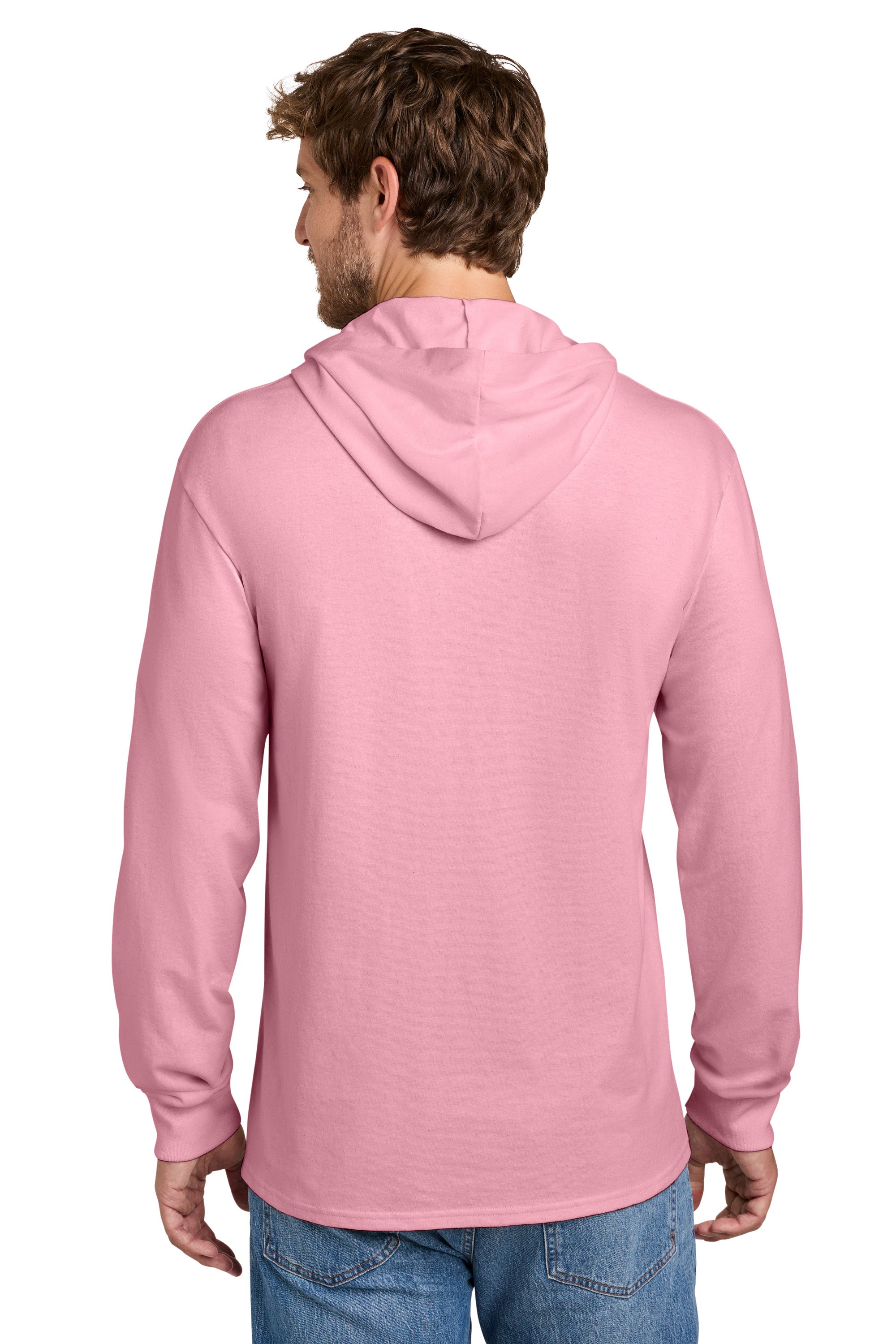 Port & Company PC54H Mens Core Cotton Long Sleeve Hooded T-Shirt Hoodie Candy Pink Model Back