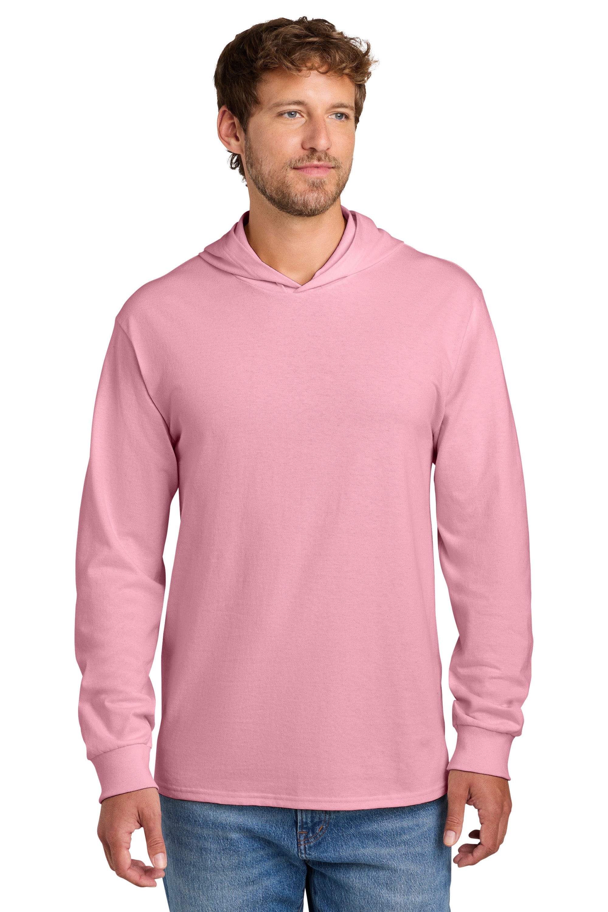 Port & Company PC54H Mens Core Cotton Long Sleeve Hooded T-Shirt Hoodie Candy Pink Model Front