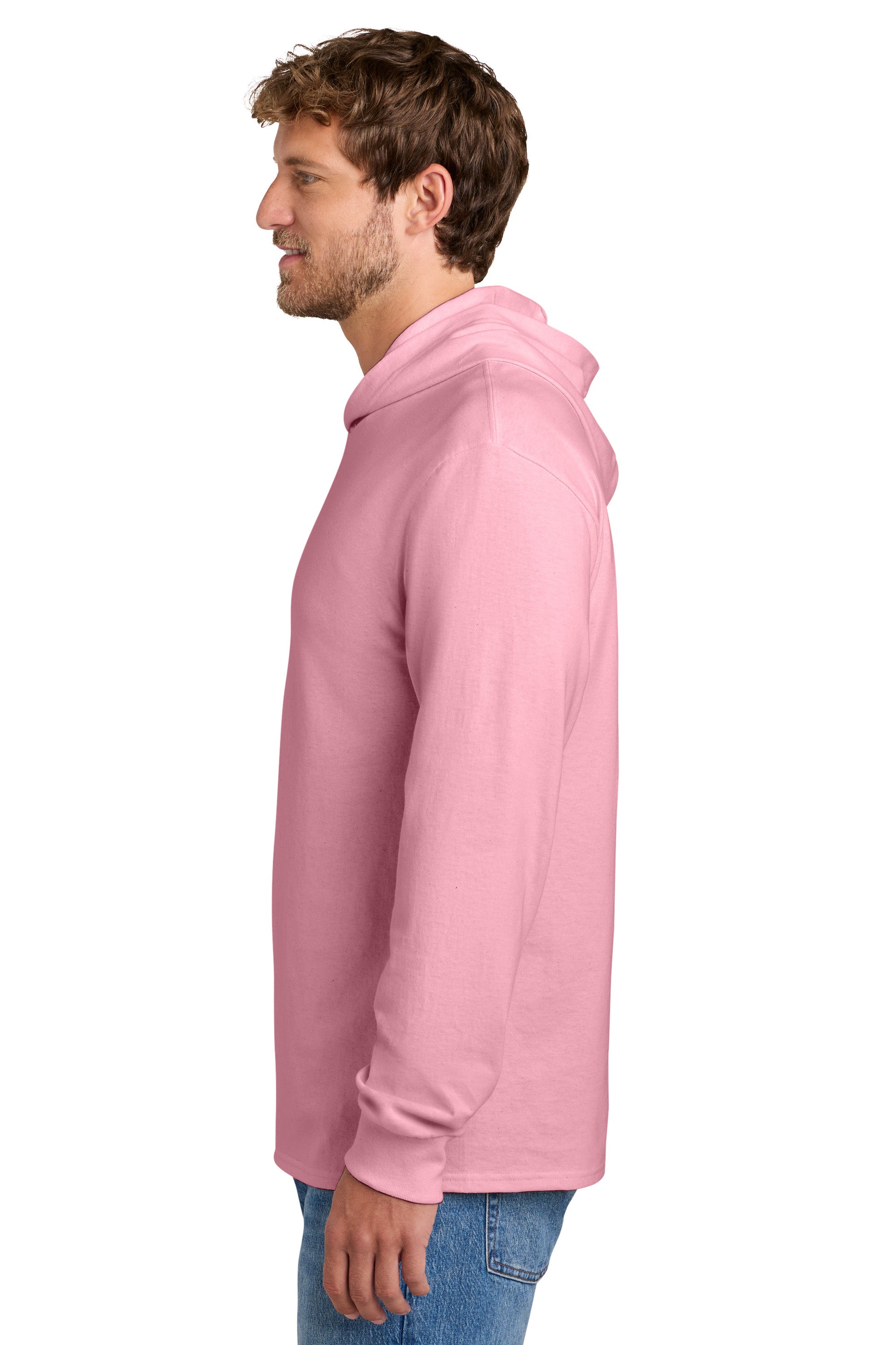 Port & Company PC54H Mens Core Cotton Long Sleeve Hooded T-Shirt Hoodie Candy Pink Model Side