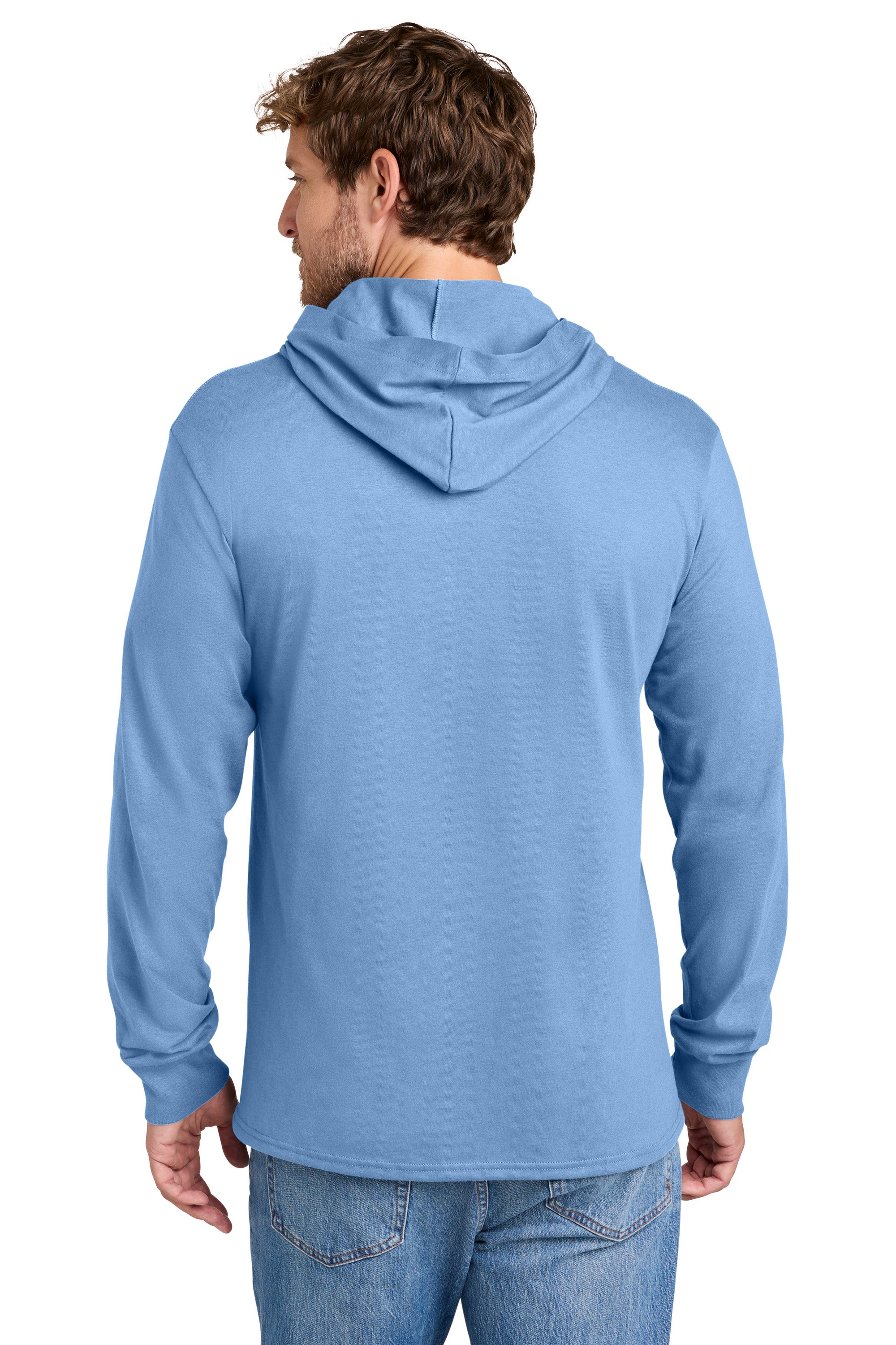 Port & Company PC54H Mens Core Cotton Long Sleeve Hooded T-Shirt Hoodie Carolina Blue Model Back
