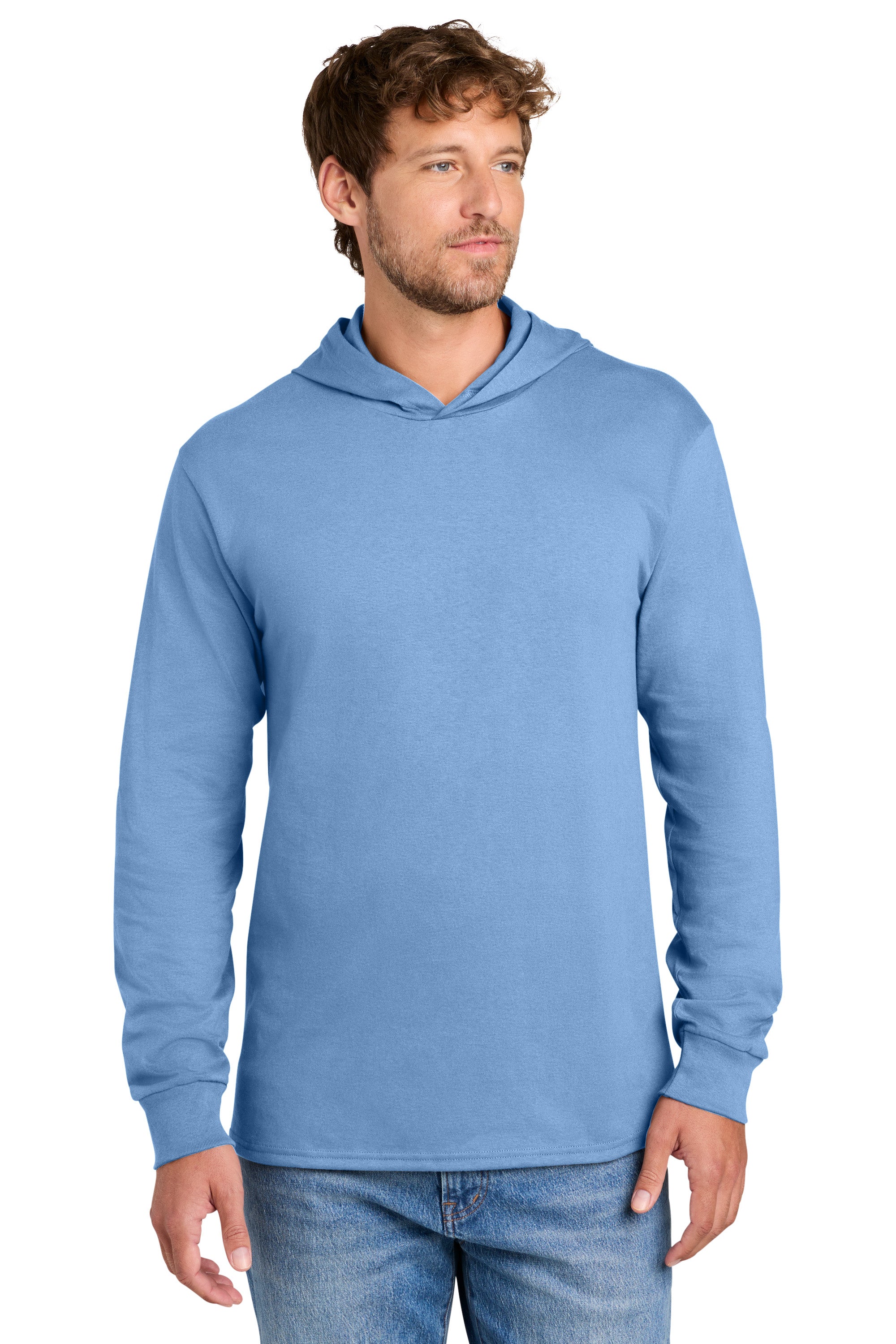 Port & Company PC54H Mens Core Cotton Long Sleeve Hooded T-Shirt Hoodie Carolina Blue Model Front