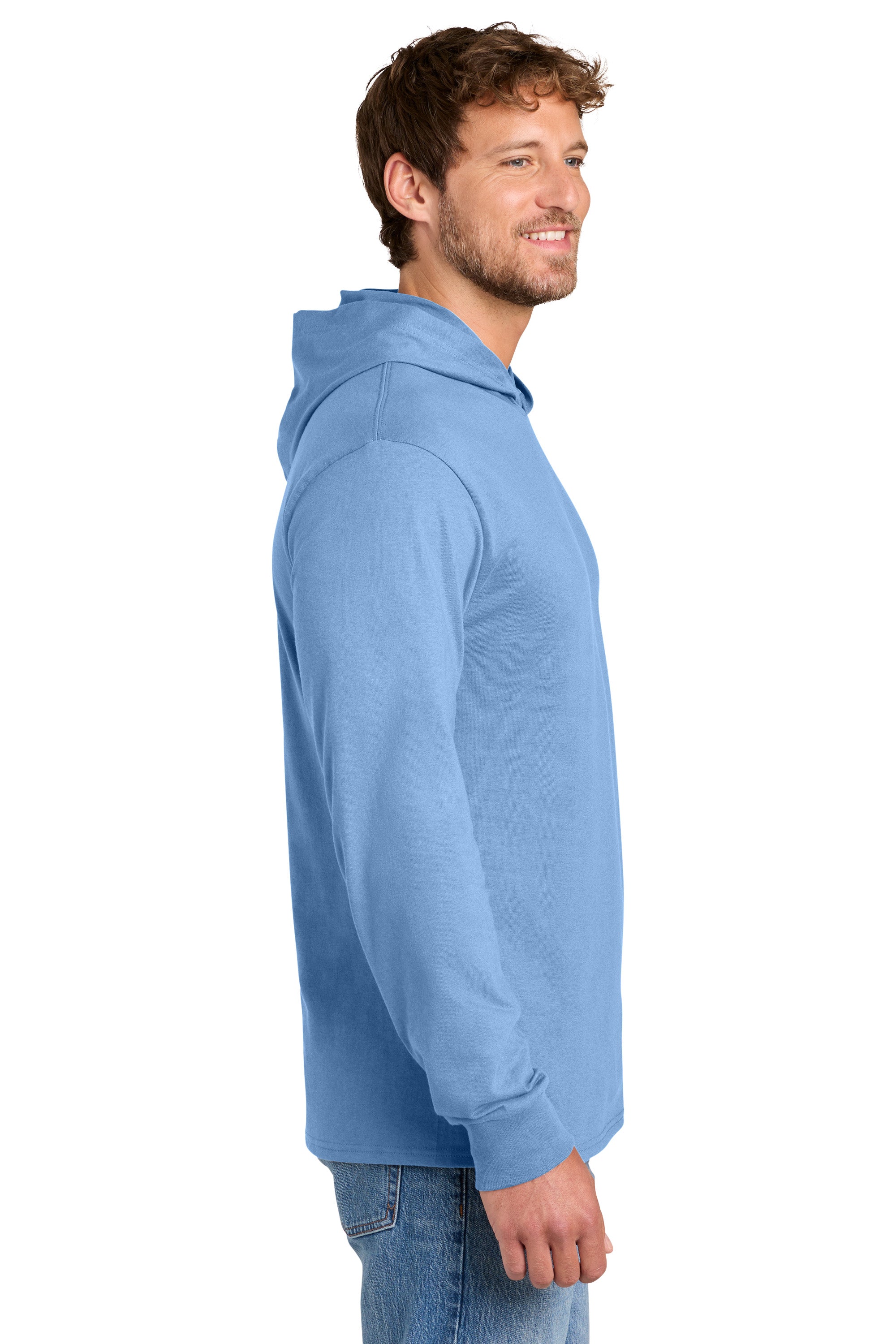 Port & Company PC54H Mens Core Cotton Long Sleeve Hooded T-Shirt Hoodie Carolina Blue Model Side