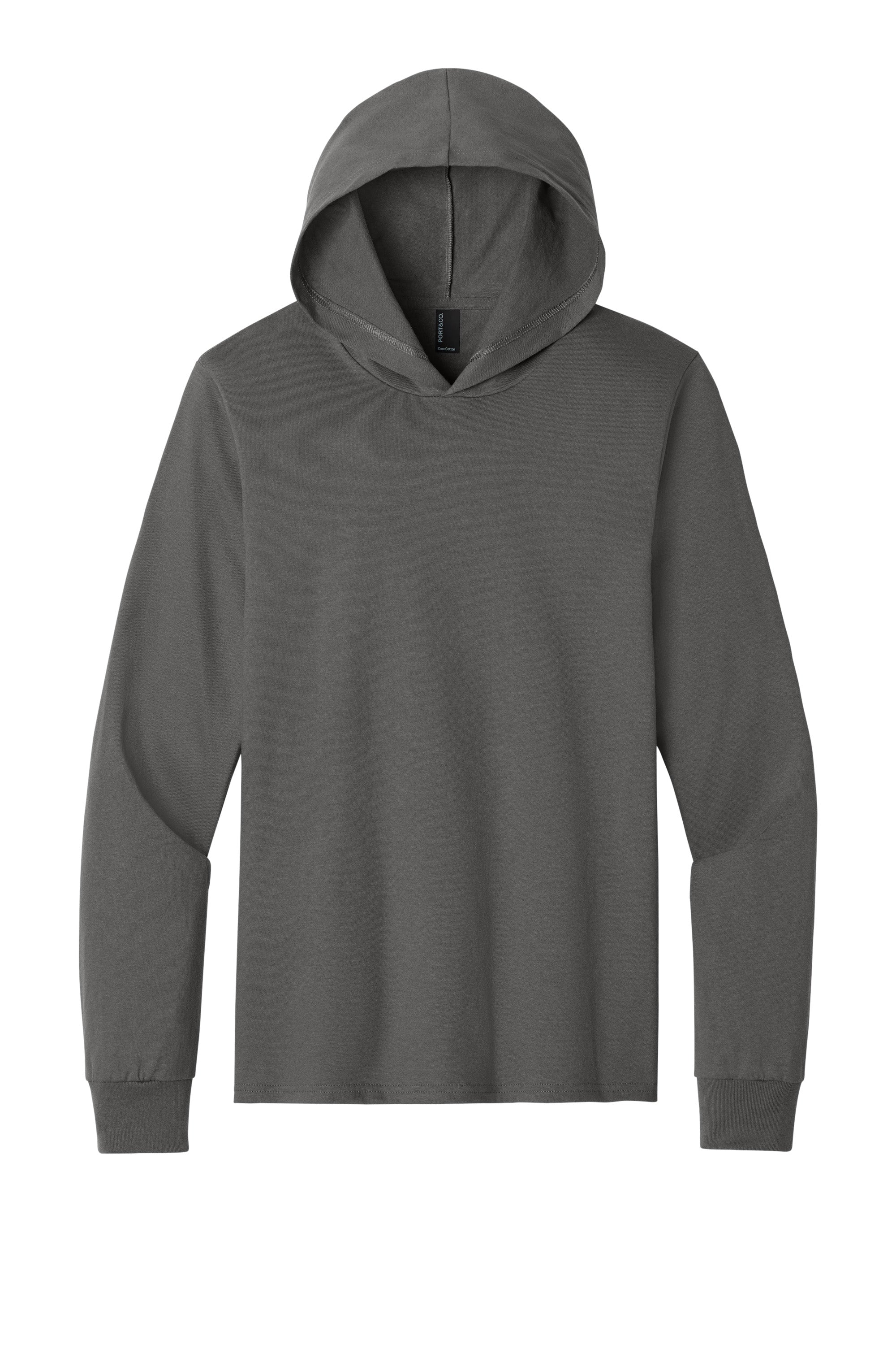 Port & Company PC54H Mens Core Cotton Long Sleeve Hooded T-Shirt Hoodie Charcoal Grey Flat Front
