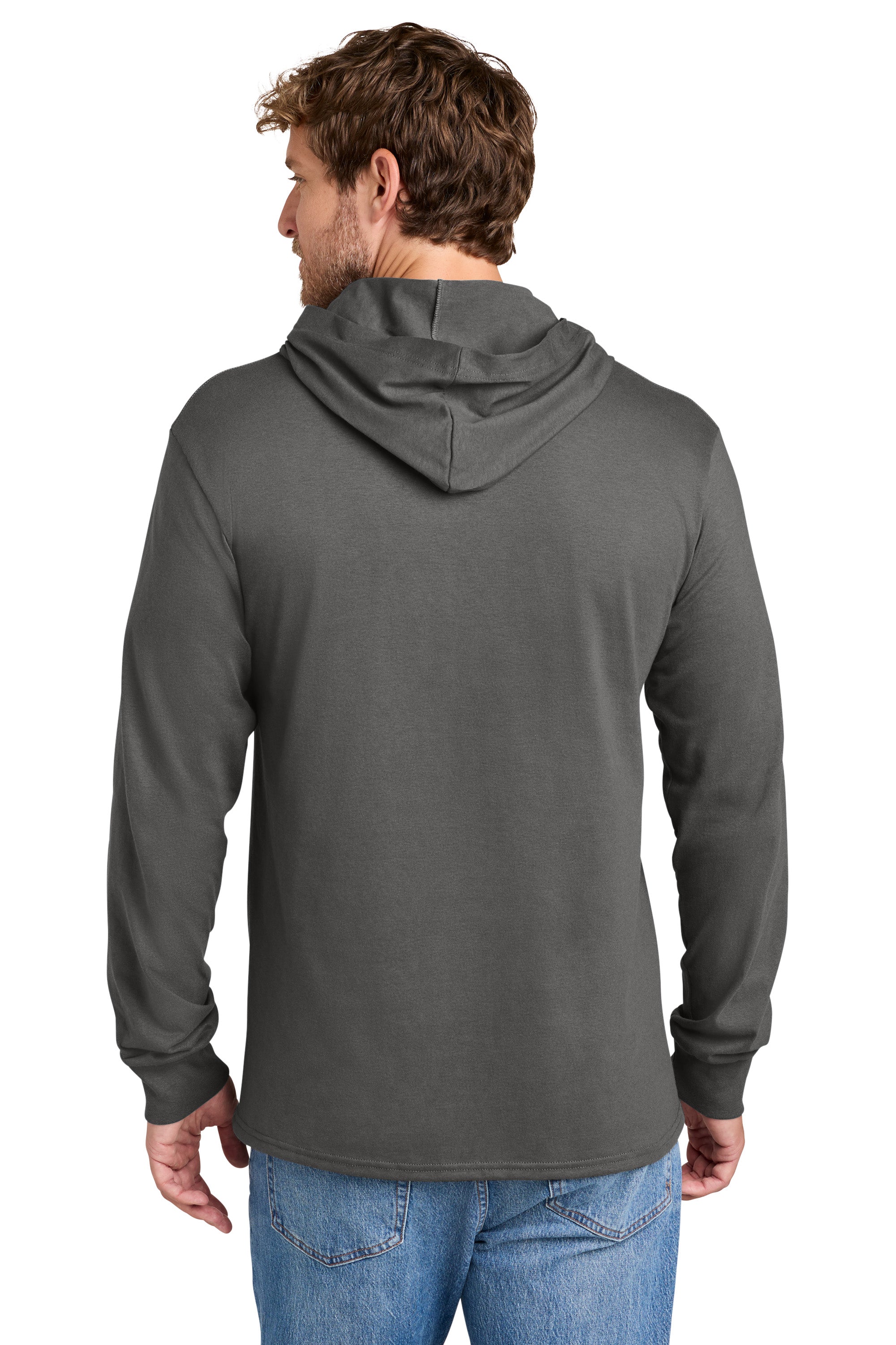 Port & Company PC54H Mens Core Cotton Long Sleeve Hooded T-Shirt Hoodie Charcoal Grey Model Back