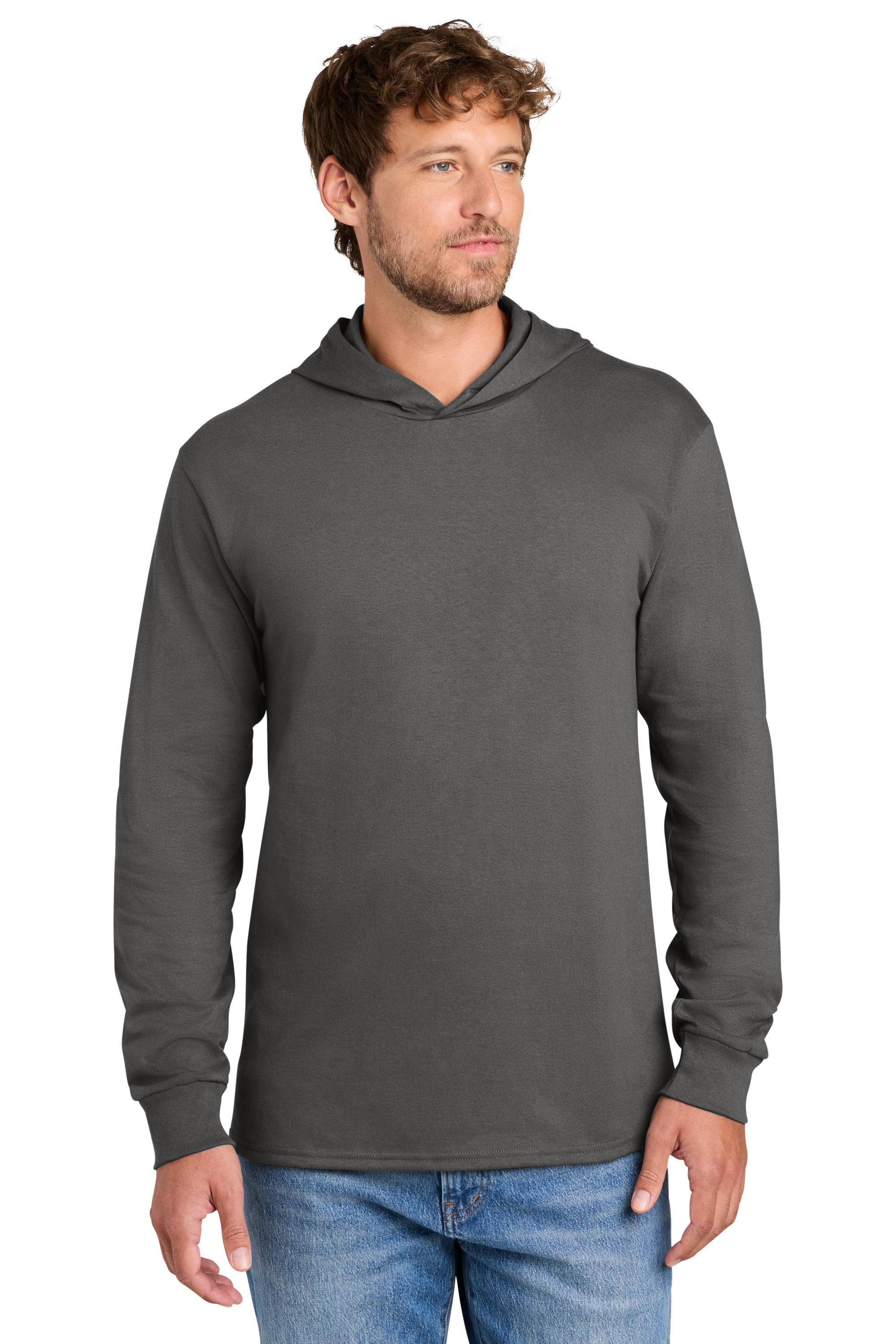 Port & Company PC54H Mens Core Cotton Long Sleeve Hooded T-Shirt Hoodie Charcoal Grey Model Front