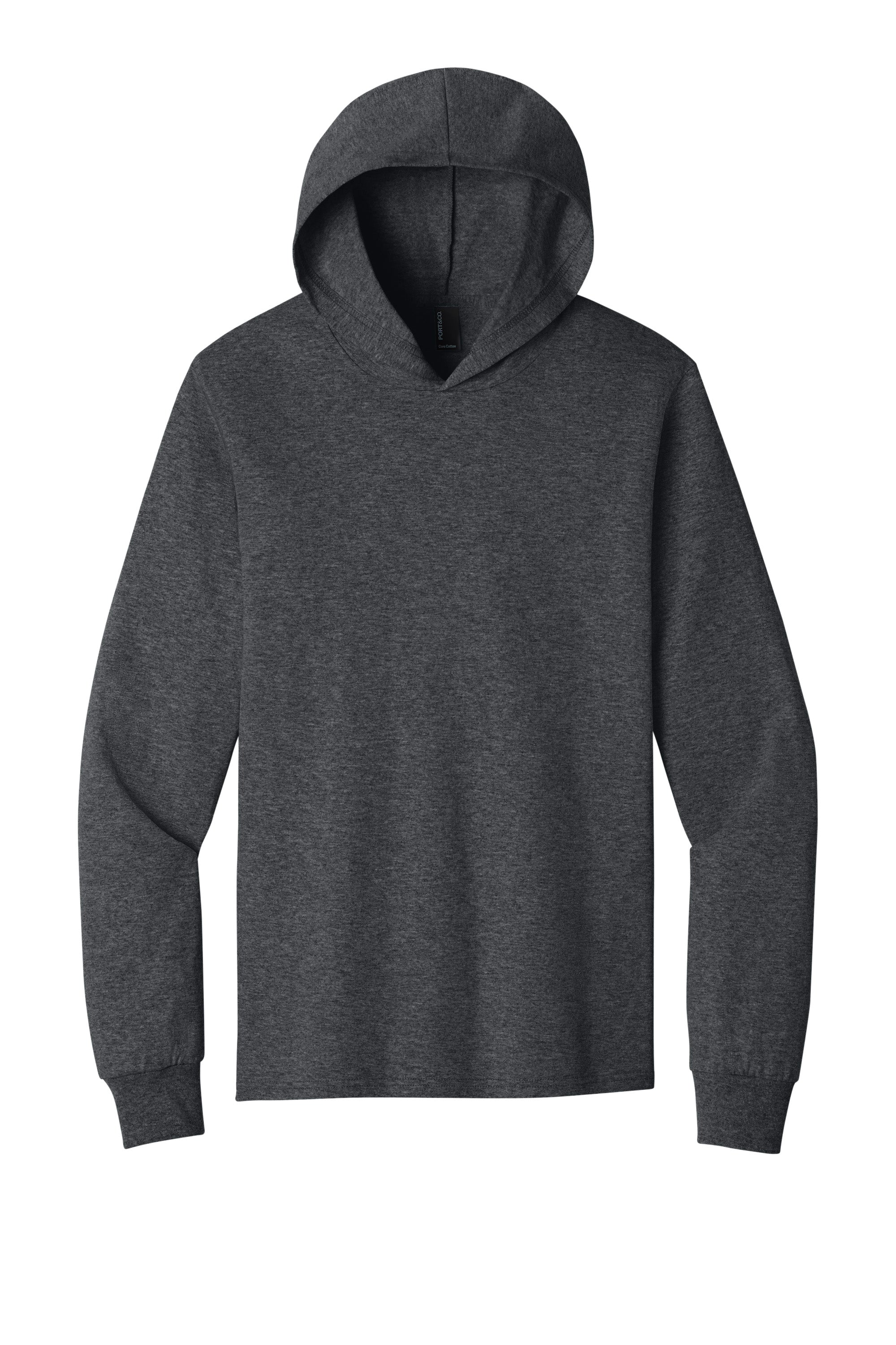 Port & Company PC54H Mens Core Cotton Long Sleeve Hooded T-Shirt Hoodie Heather Dark Grey Flat Front